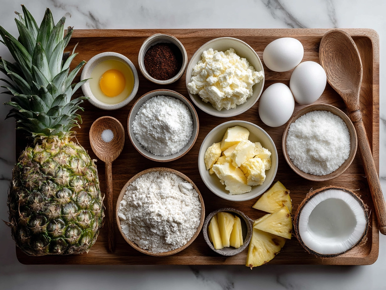 Ingredients for Coconut and Pineapple Cottage Cheese Muffins laid out