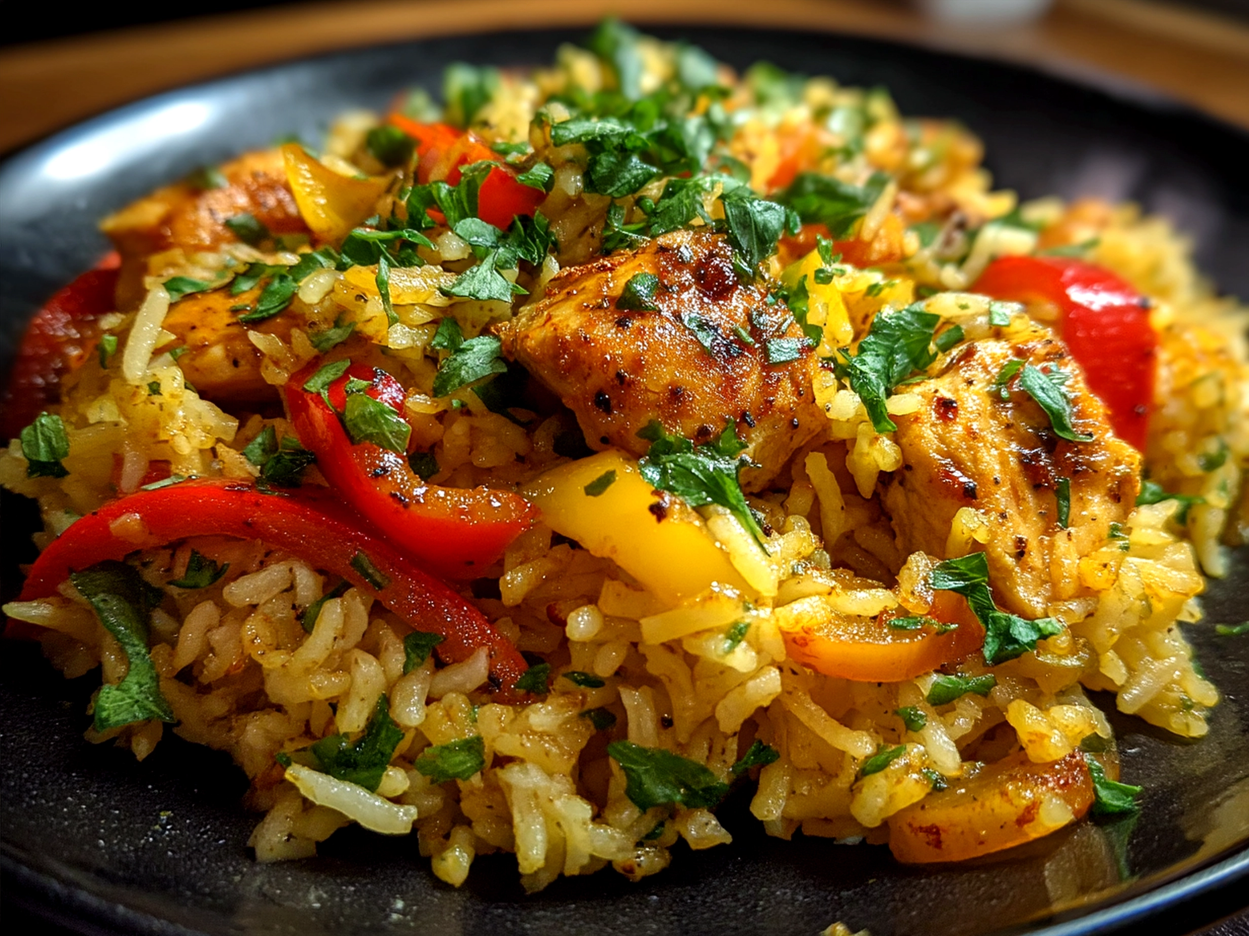 Serving bowl of colorful Chicken Fajita Rice garnished with fresh cilantro and lime wedges