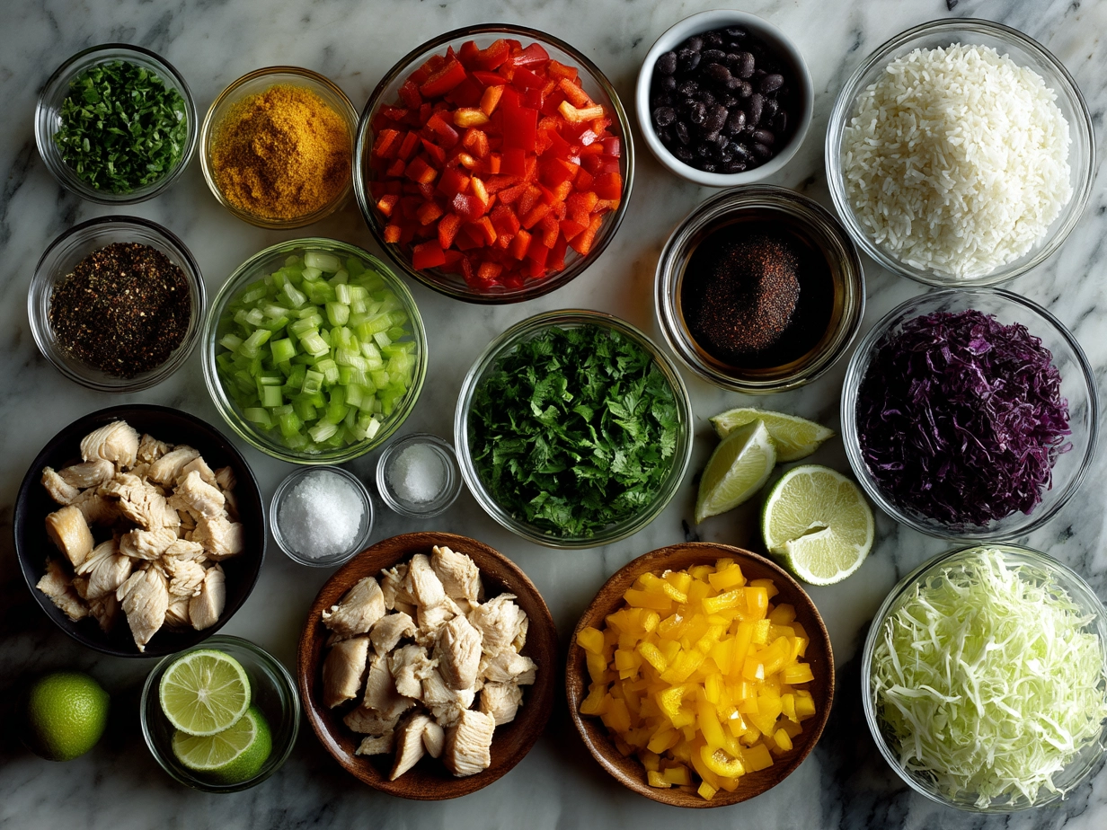 Ingredients for colorful Chicken Fajita Rice including rice, chicken, bell peppers, onion, spices, and chicken broth