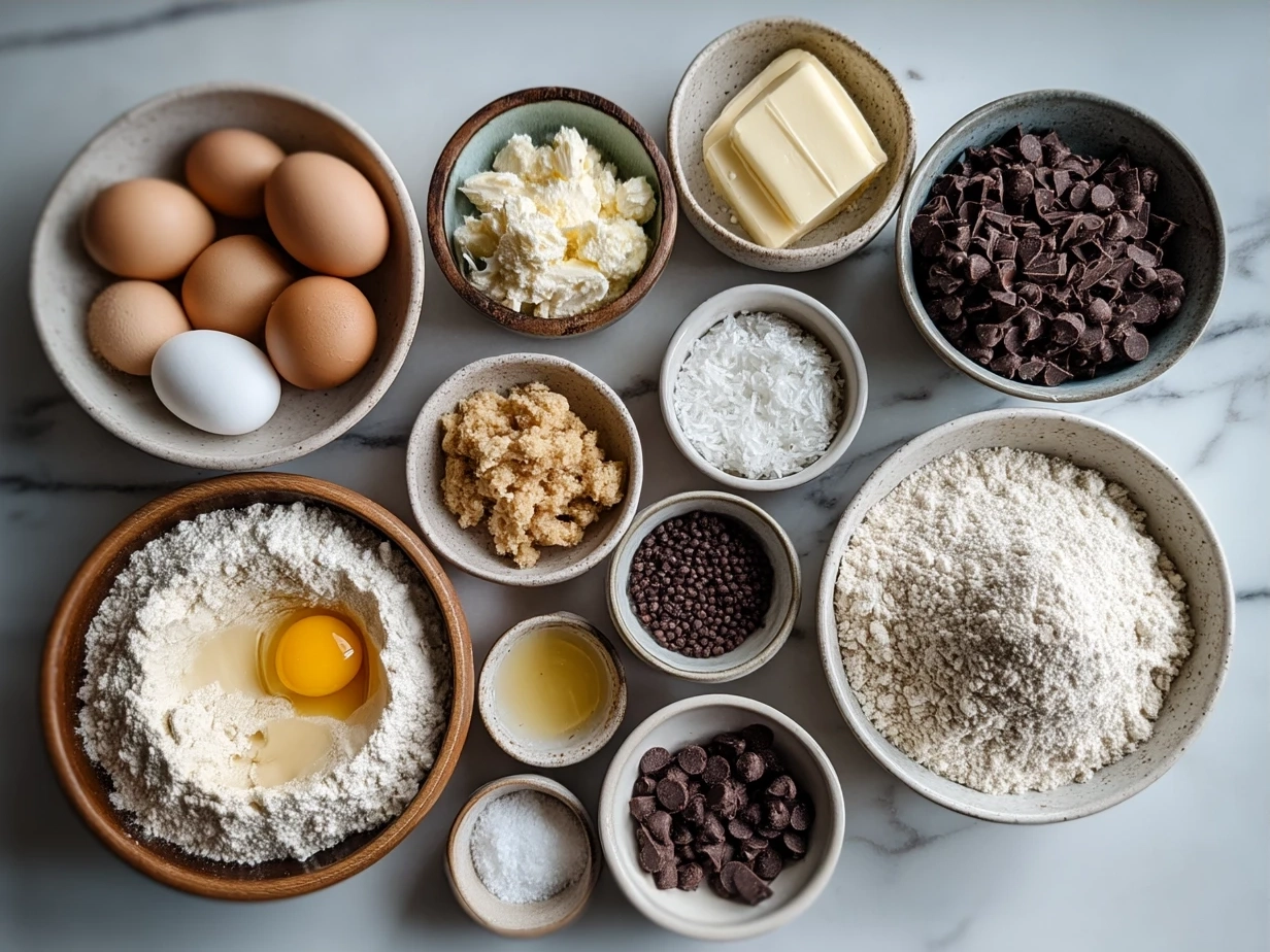 Ingredients for Cookie Dough Greek Yogurt with Chocolate Chips laid out on a kitchen counter