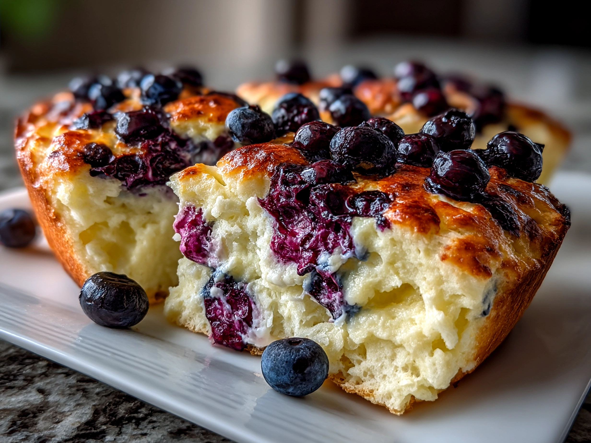 Slices of Cottage Cheese Blueberry Cloud Bread served on a plate