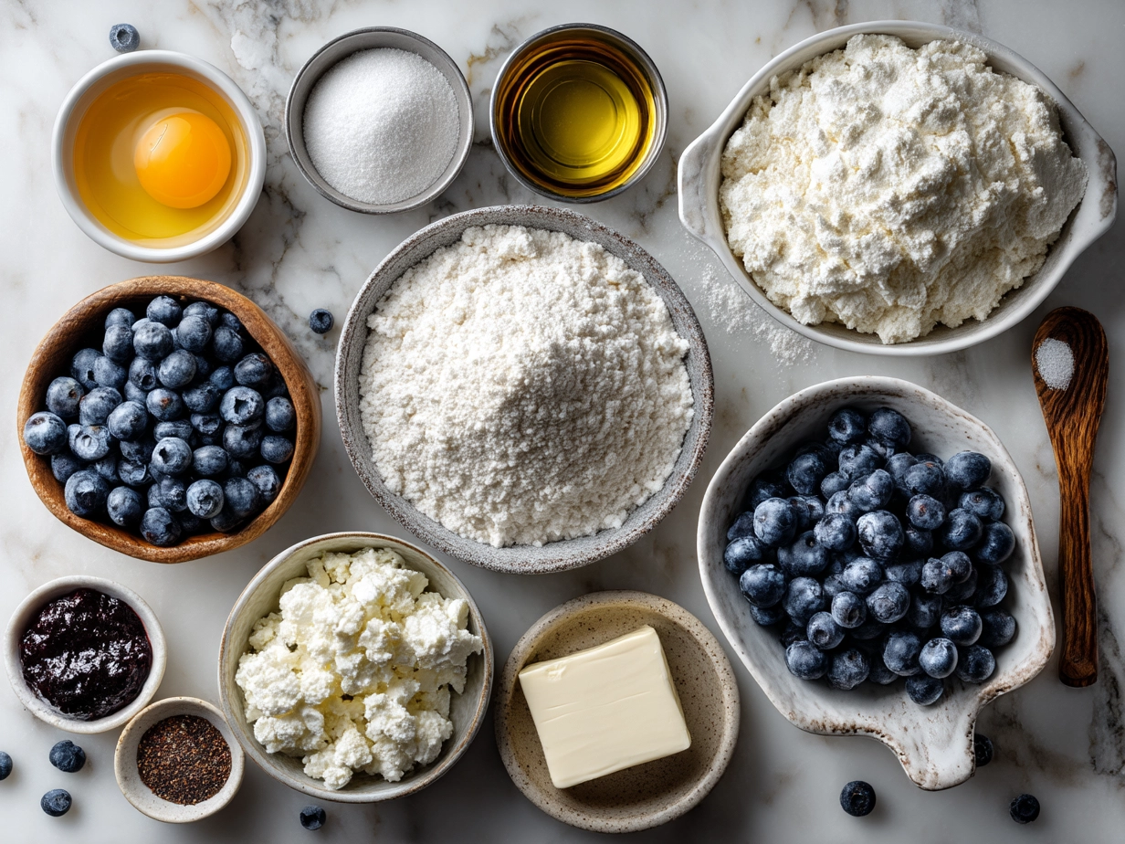 Ingredients laid out for Cottage Cheese Blueberry Cloud Bread including eggs, blueberries, and cottage cheese