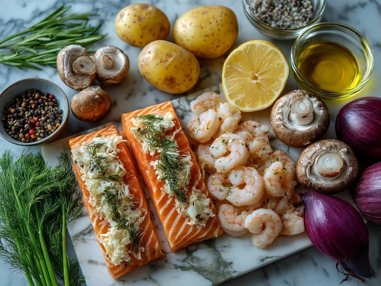 Ingredients for Crab And Shrimp Stuffed Salmon including salmon fillets, crab meat, shrimp, cream cheese, and seasonings