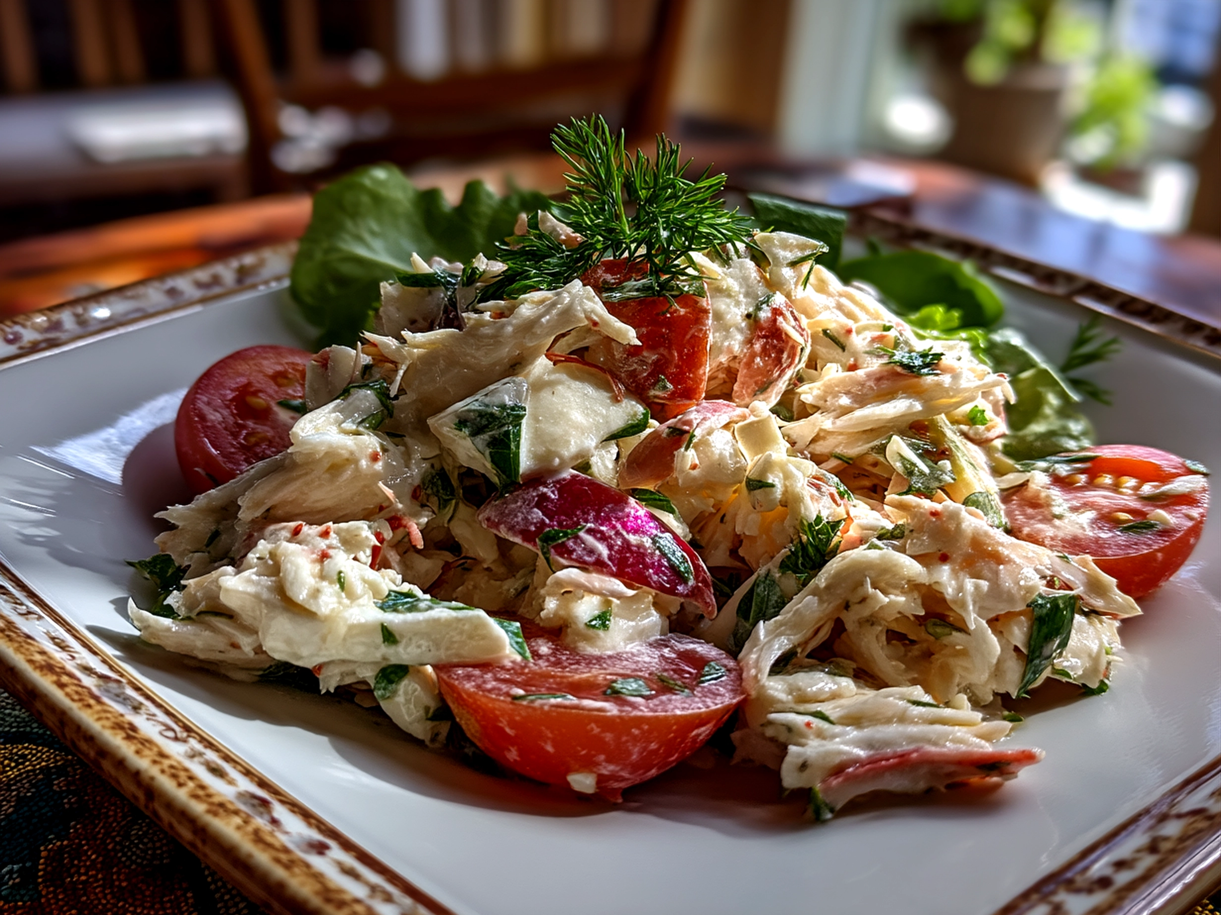 Fresh Crab Salad served on a plate with garnishes and sides