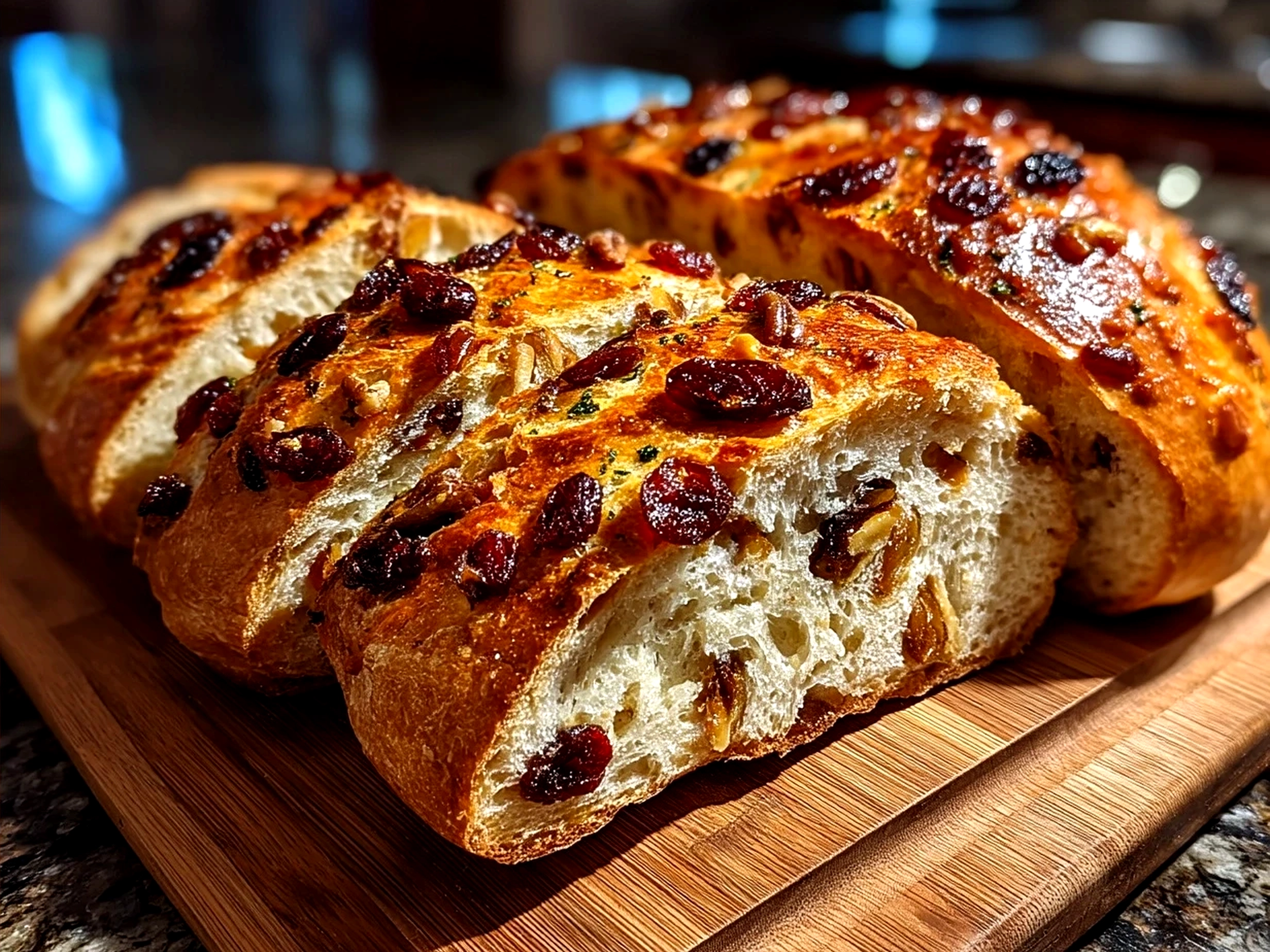 Sliced Cranberry Raisin Walnut Cinnamon Artisan Bread served with butter and a hot drink
