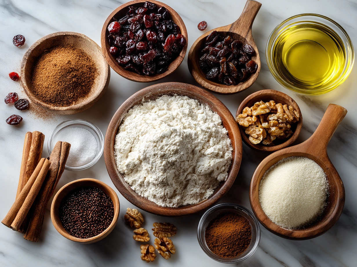 Ingredients for Cranberry Raisin Walnut Cinnamon Artisan Bread arranged on a rustic surface