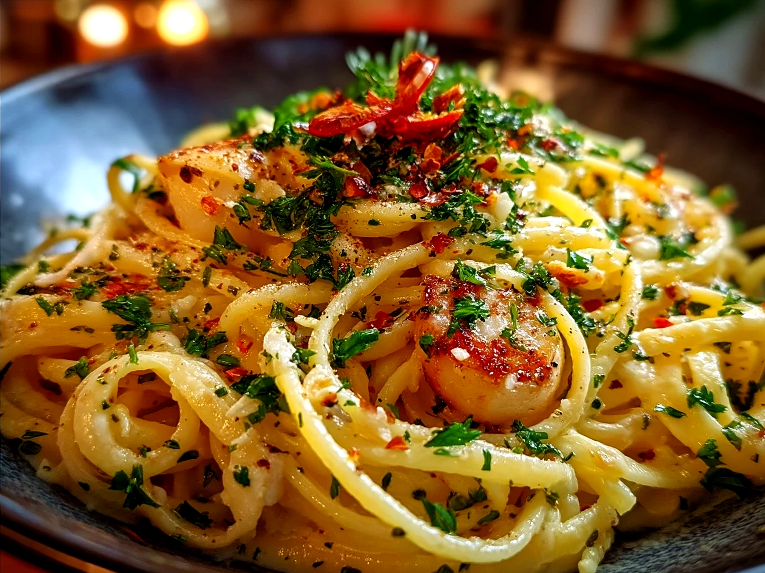 Serving of Creamy Roast Garlic and Lemon Pasta Sauce garnished with fresh parsley and Parmesan cheese