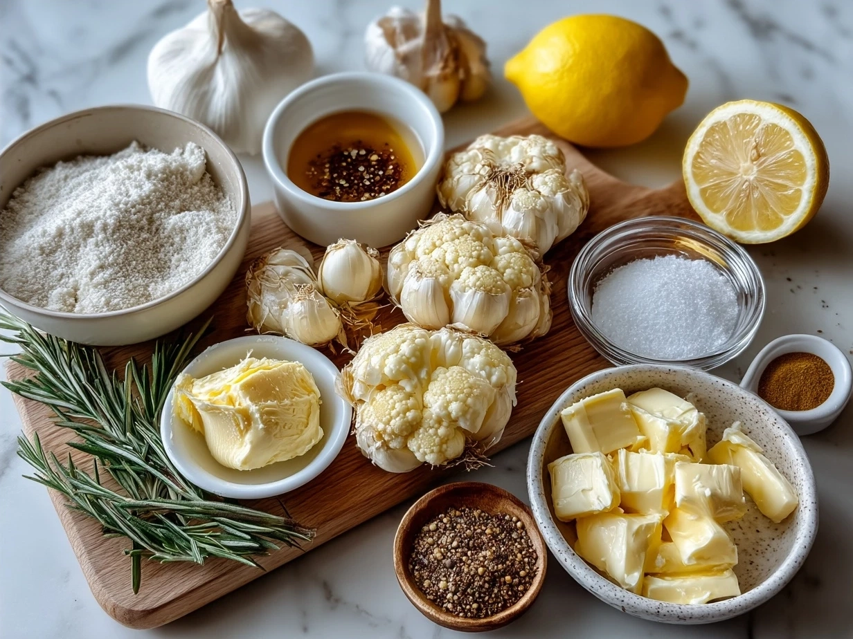 Ingredients for Creamy Roast Garlic and Lemon Pasta Sauce including garlic, olive oil, cream, lemon, Parmesan cheese, butter, and pasta