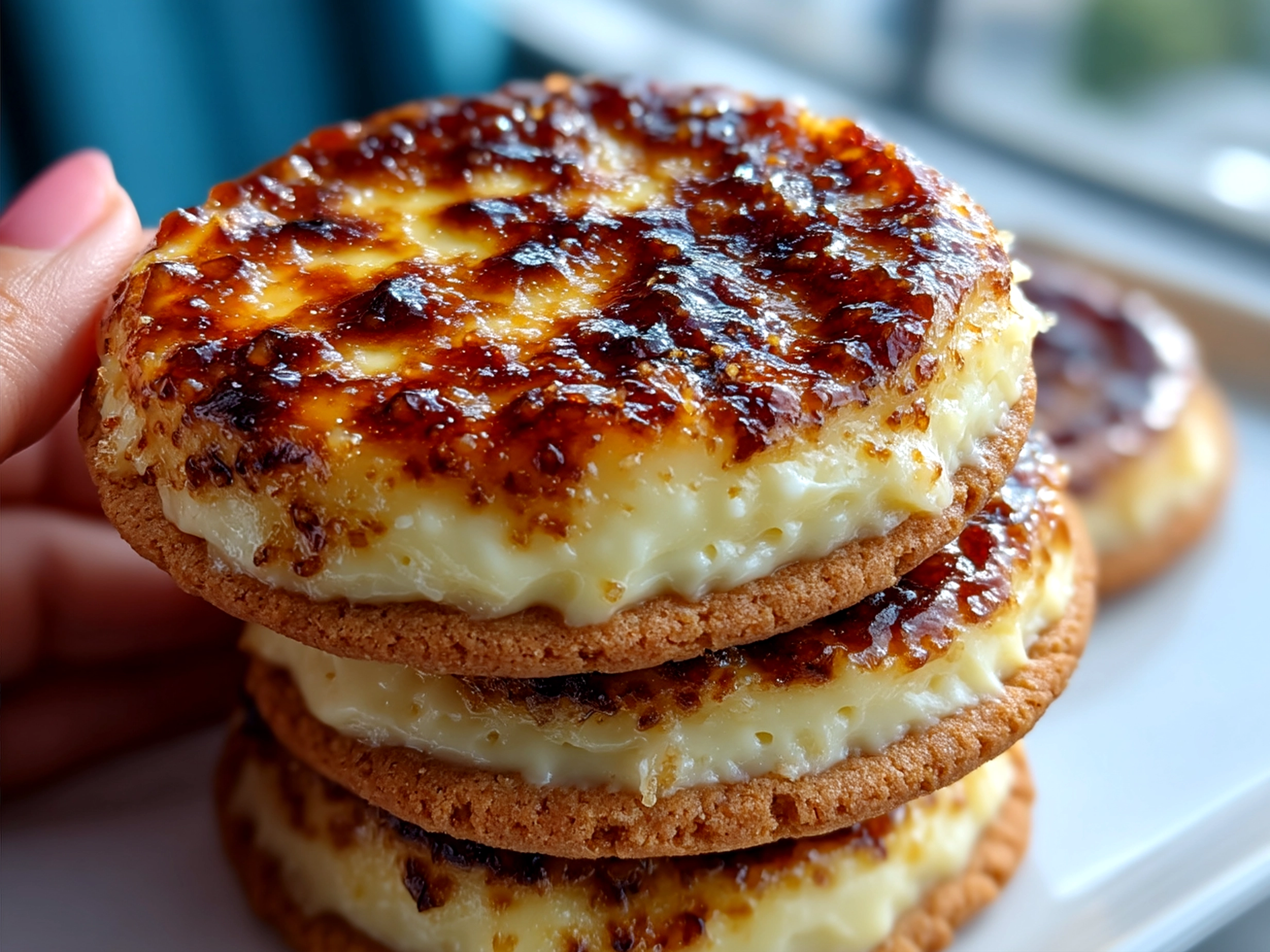 Plated Creme Brulee Cookies with berries and powdered sugar