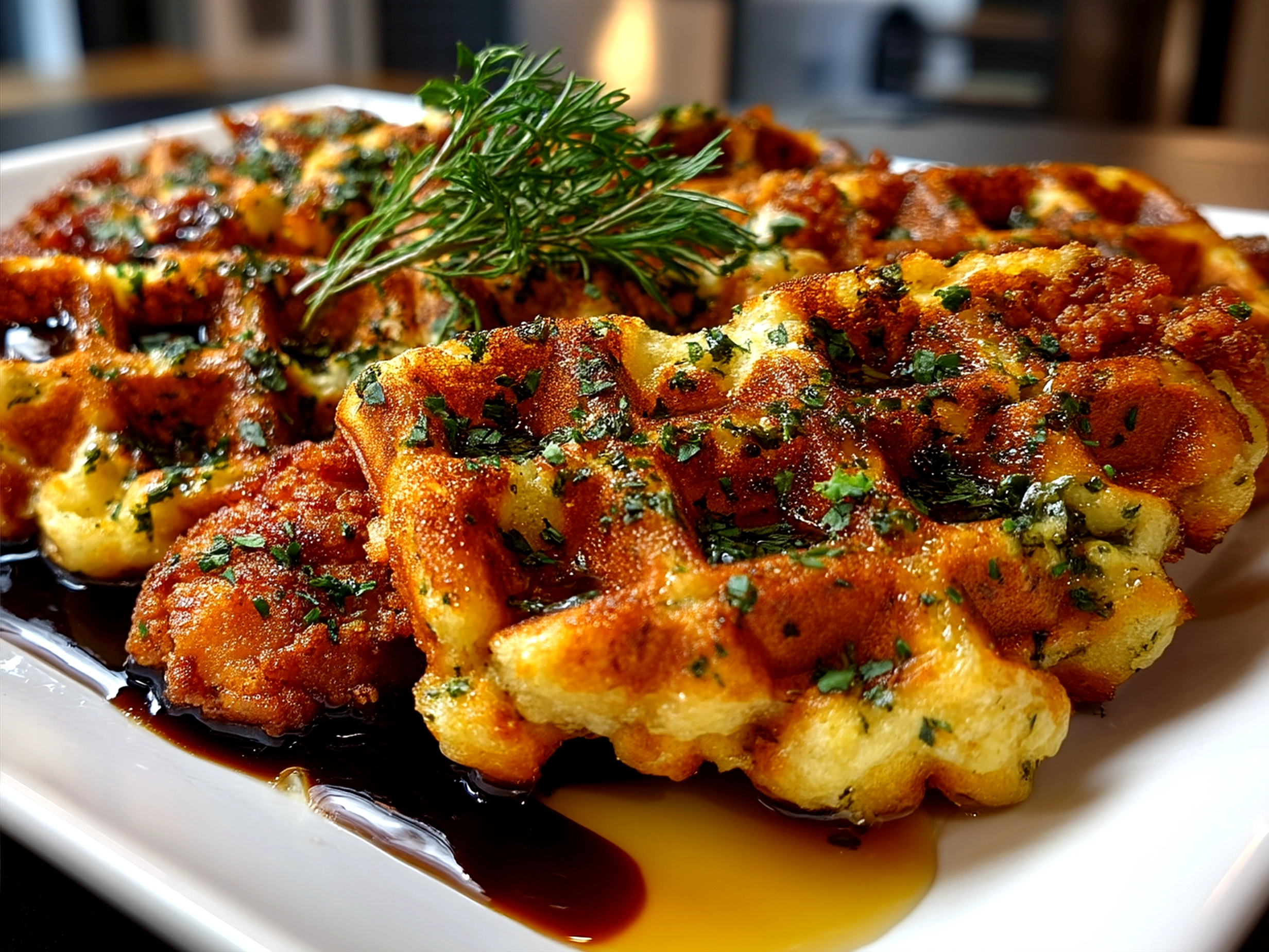 Delicious plated Crispy Chicken Waffle dish with maple syrup drizzle and sides