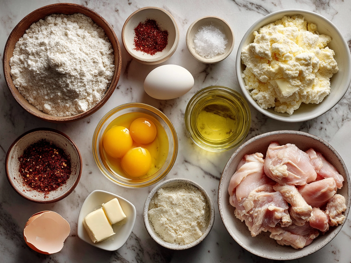 Ingredients for Crispy Chicken Waffle including chicken, buttermilk, flour, spices, oil, maple syrup, and waffle ingredients