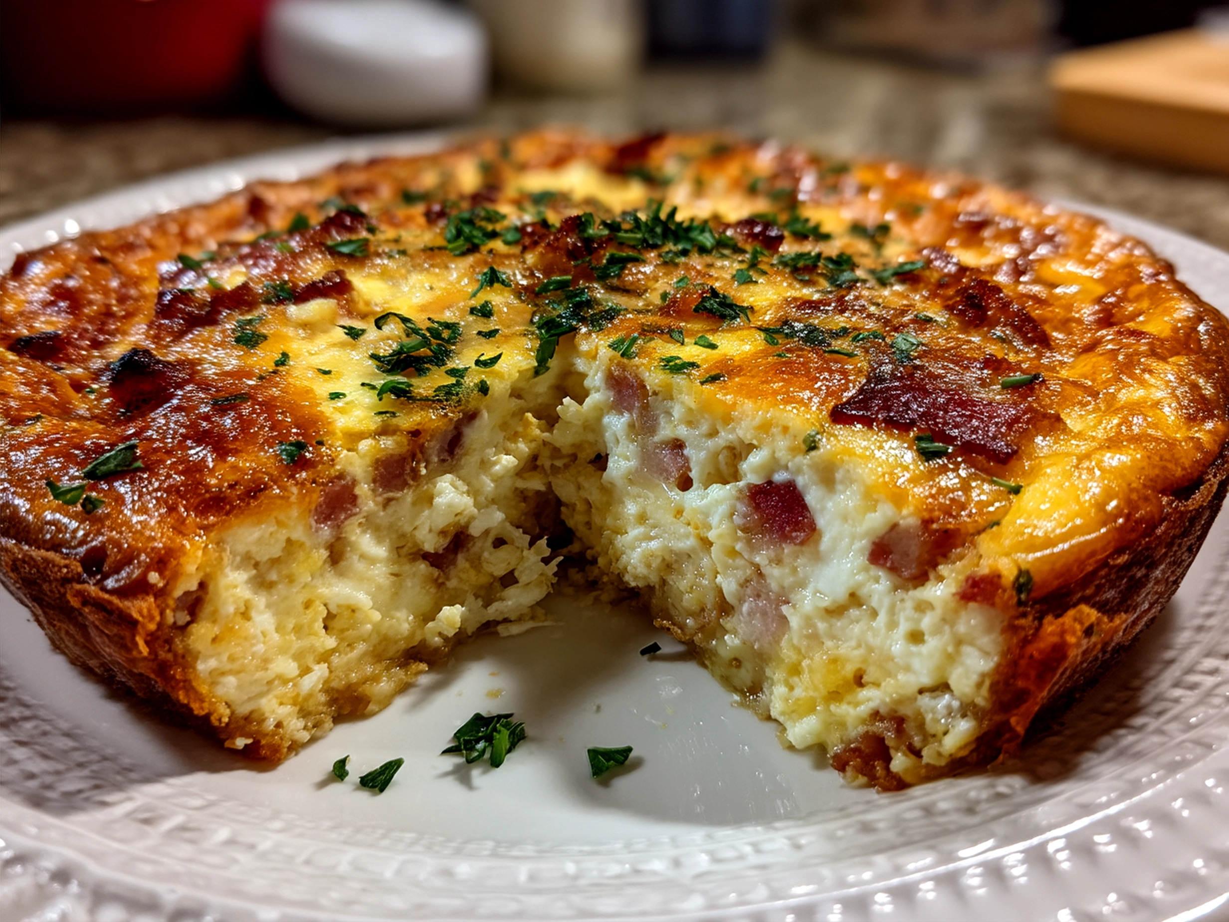 Freshly baked Crustless Bacon Cheese Quiche served on a plate with garnish