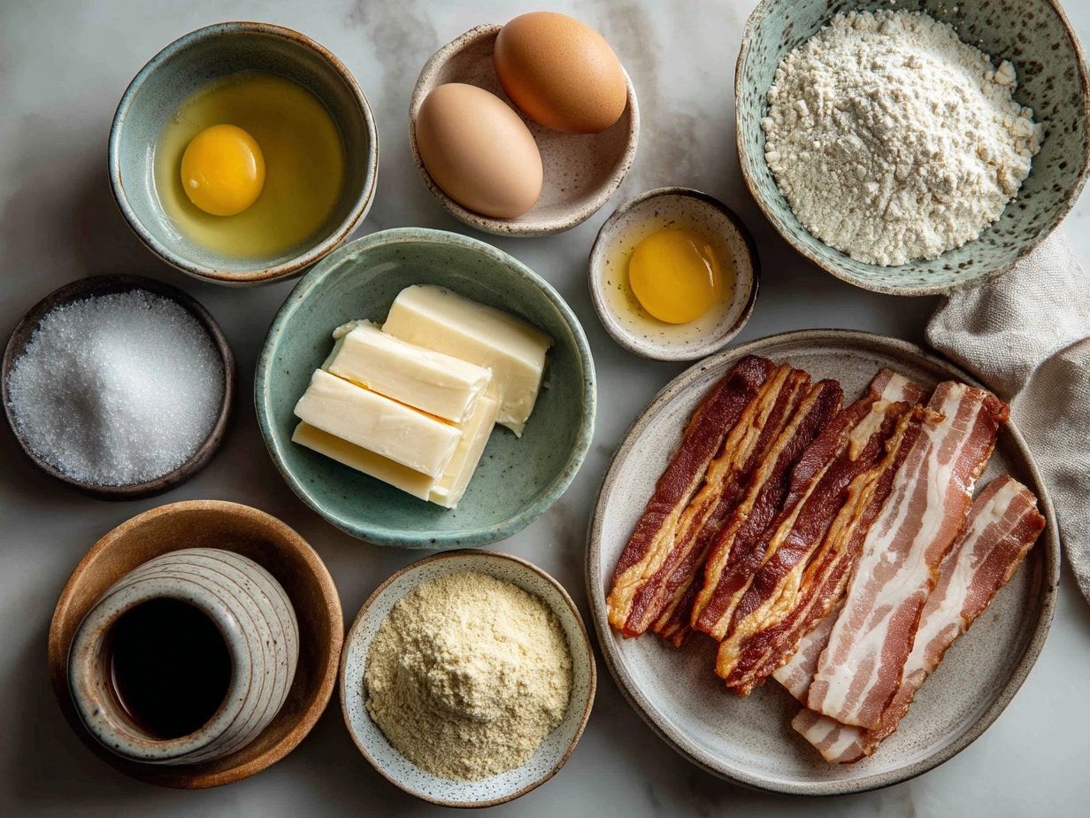 Ingredients for Crustless Bacon Cheese Quiche laid out on a kitchen counter