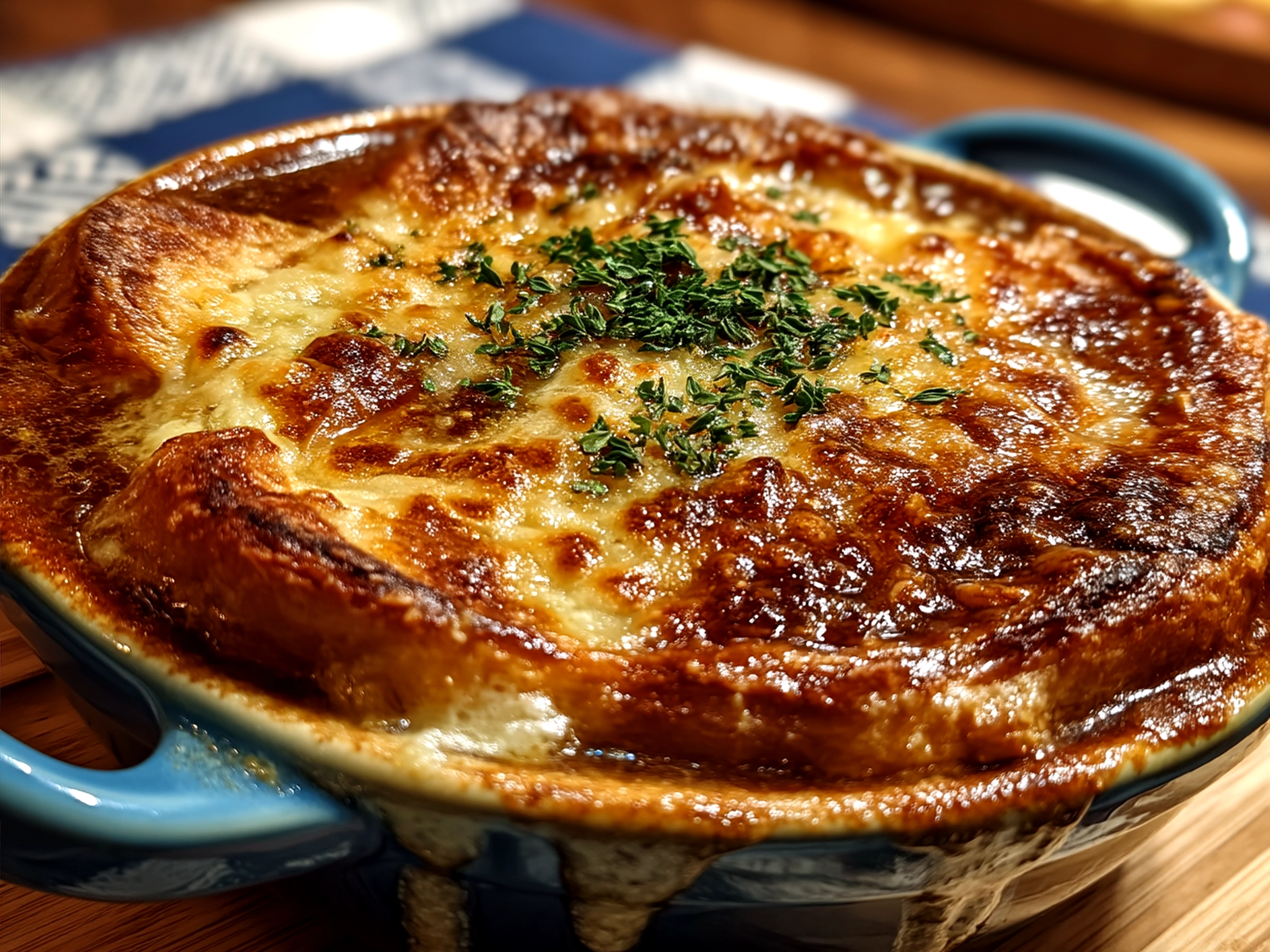 Bowl of Dutch Oven French Onion Soup with toasted baguette and melted Gruyere cheese