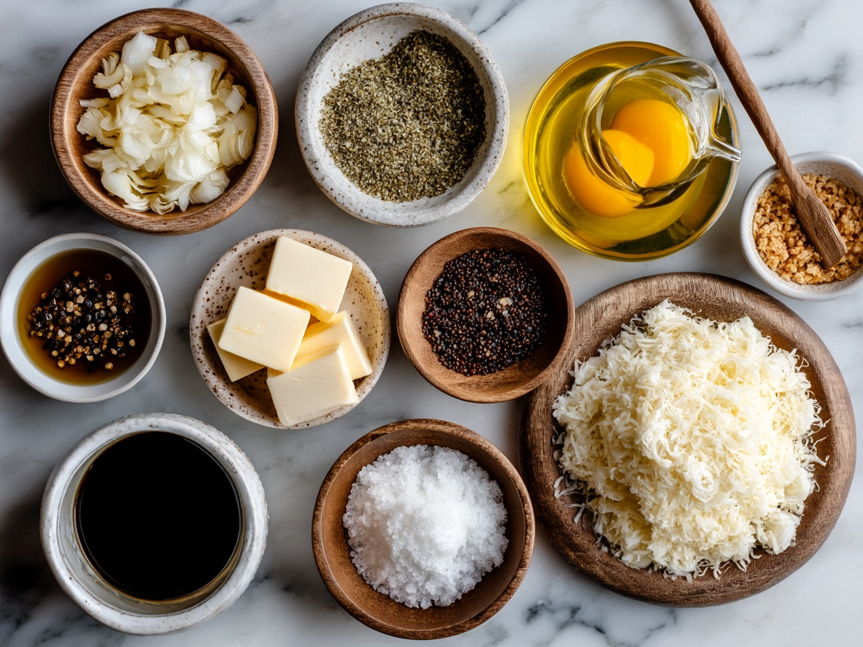 Ingredients for Dutch Oven French Onion Soup including onions, butter, olive oil, garlic, broth, and cheese