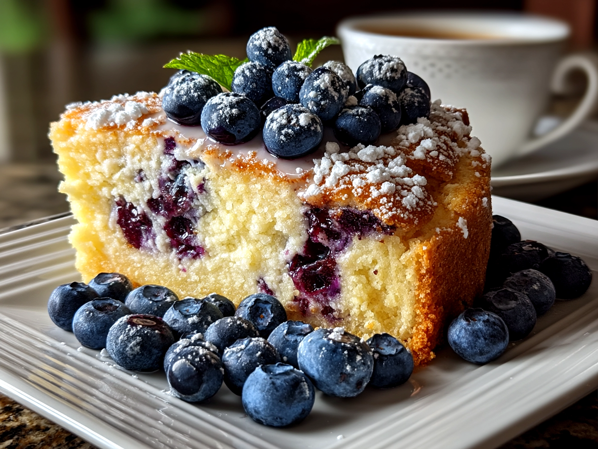 Close-up of finished blueberry sour cream coffee cake with a slice removed