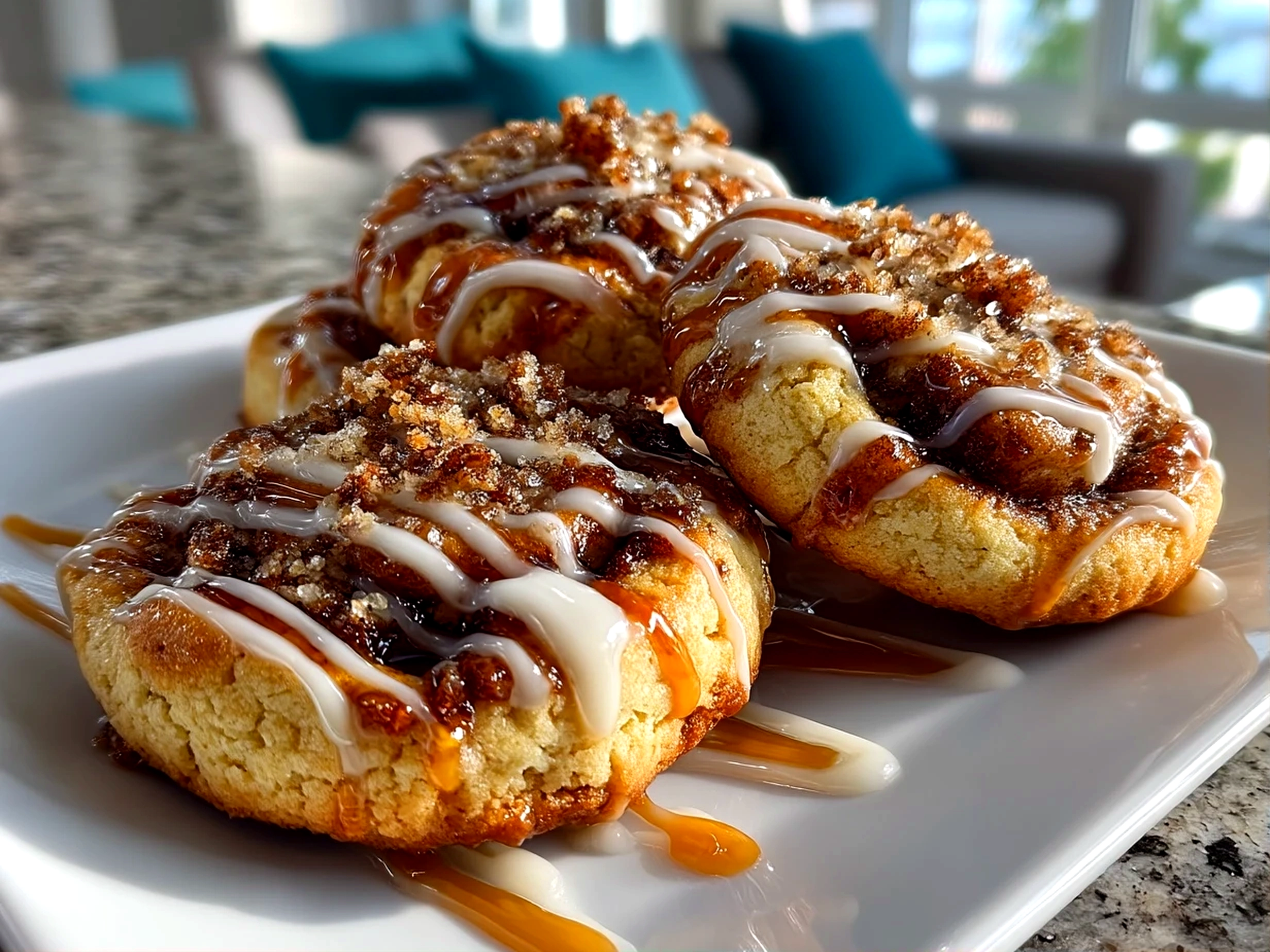 Close-up of freshly baked Cinnamon Roll Cheesecake Cookies with cinnamon sugar topping