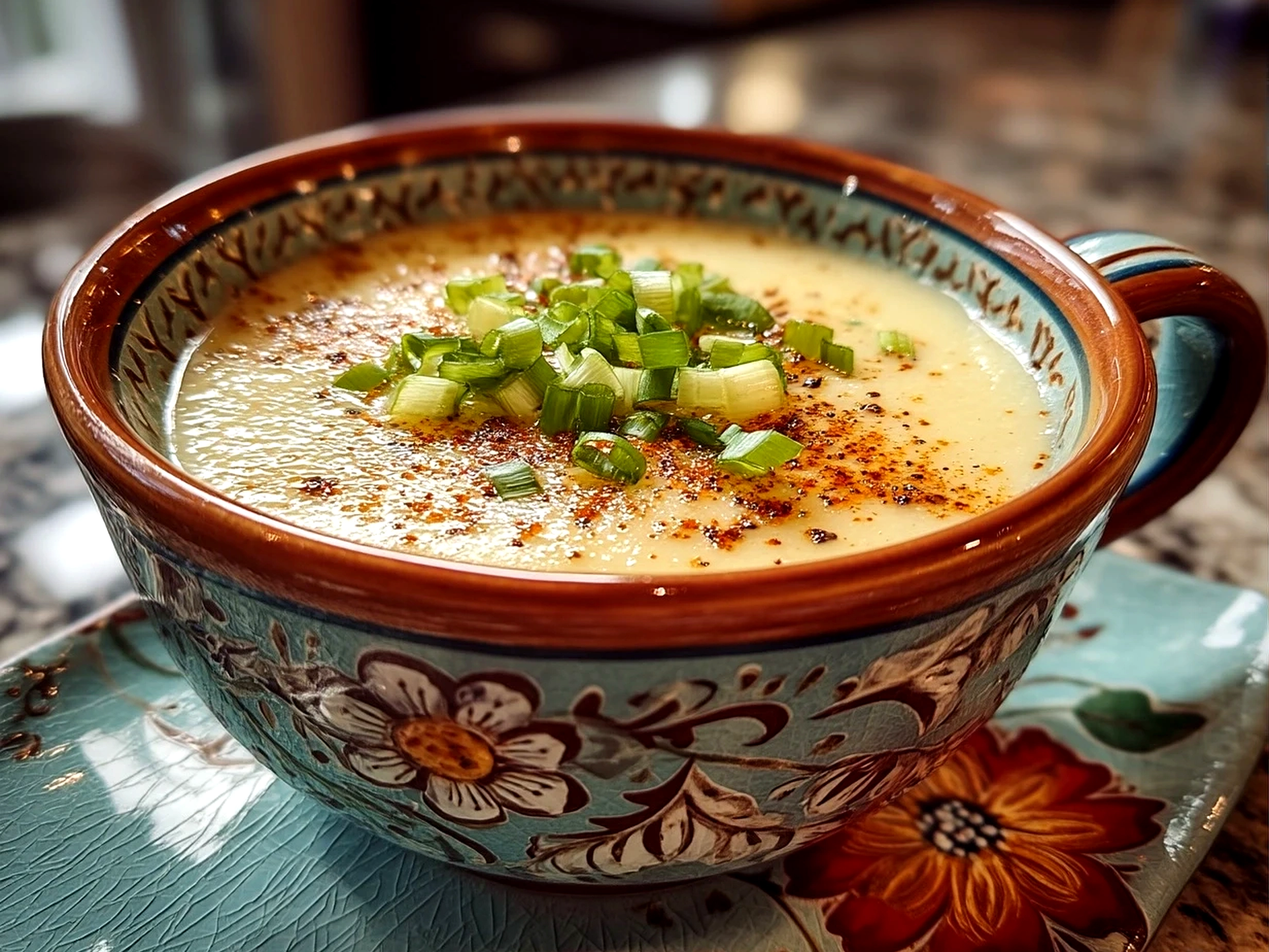 Finished creamy Potato Soup close-up with garnish