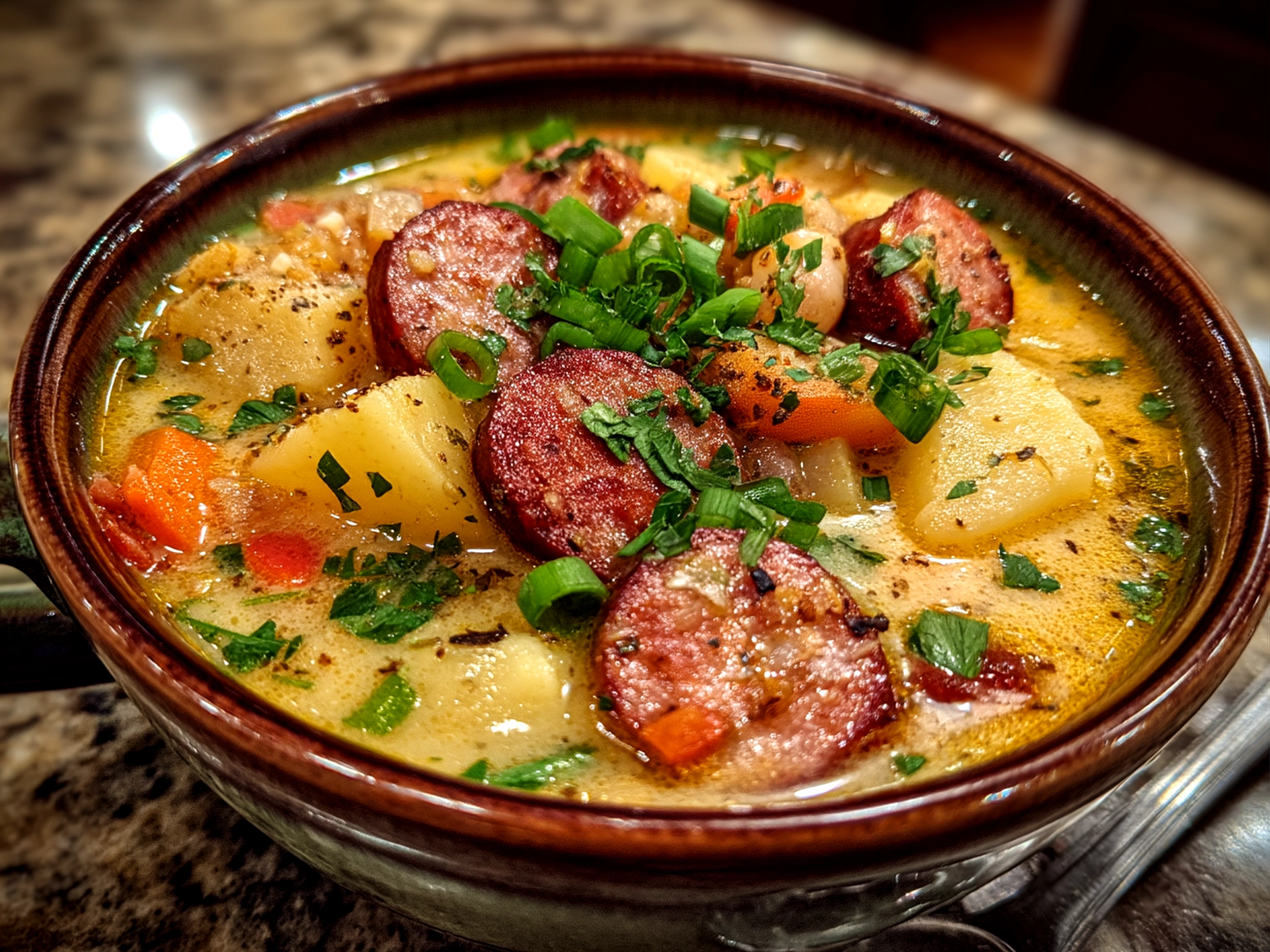 Finished Cajun Potato Soup with Andouille Sausage served in a bowl with garnish