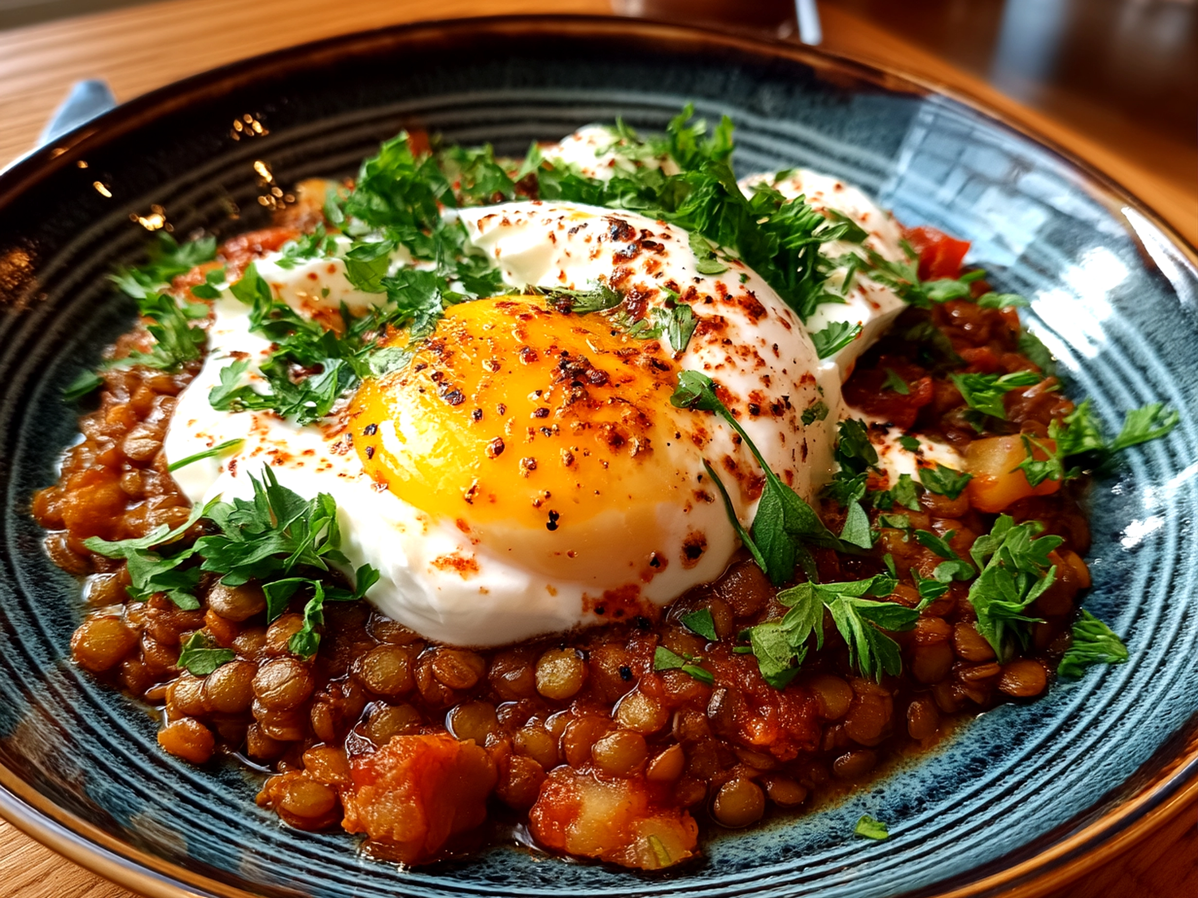Finished Eggcentric lentils with poached egg and glistening yogurt close-up