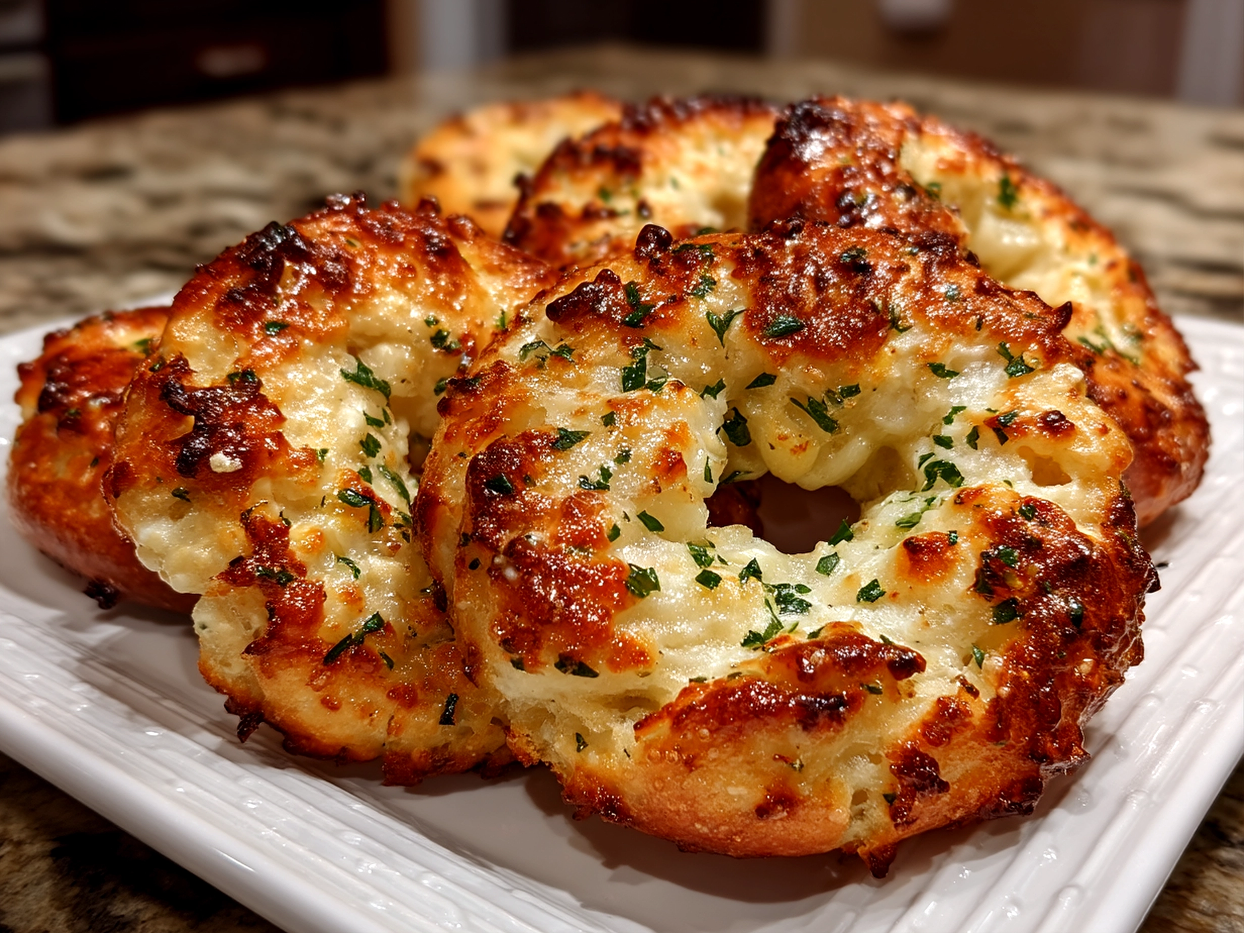 Close-up of finished garlic parmesan cottage cheese bagels