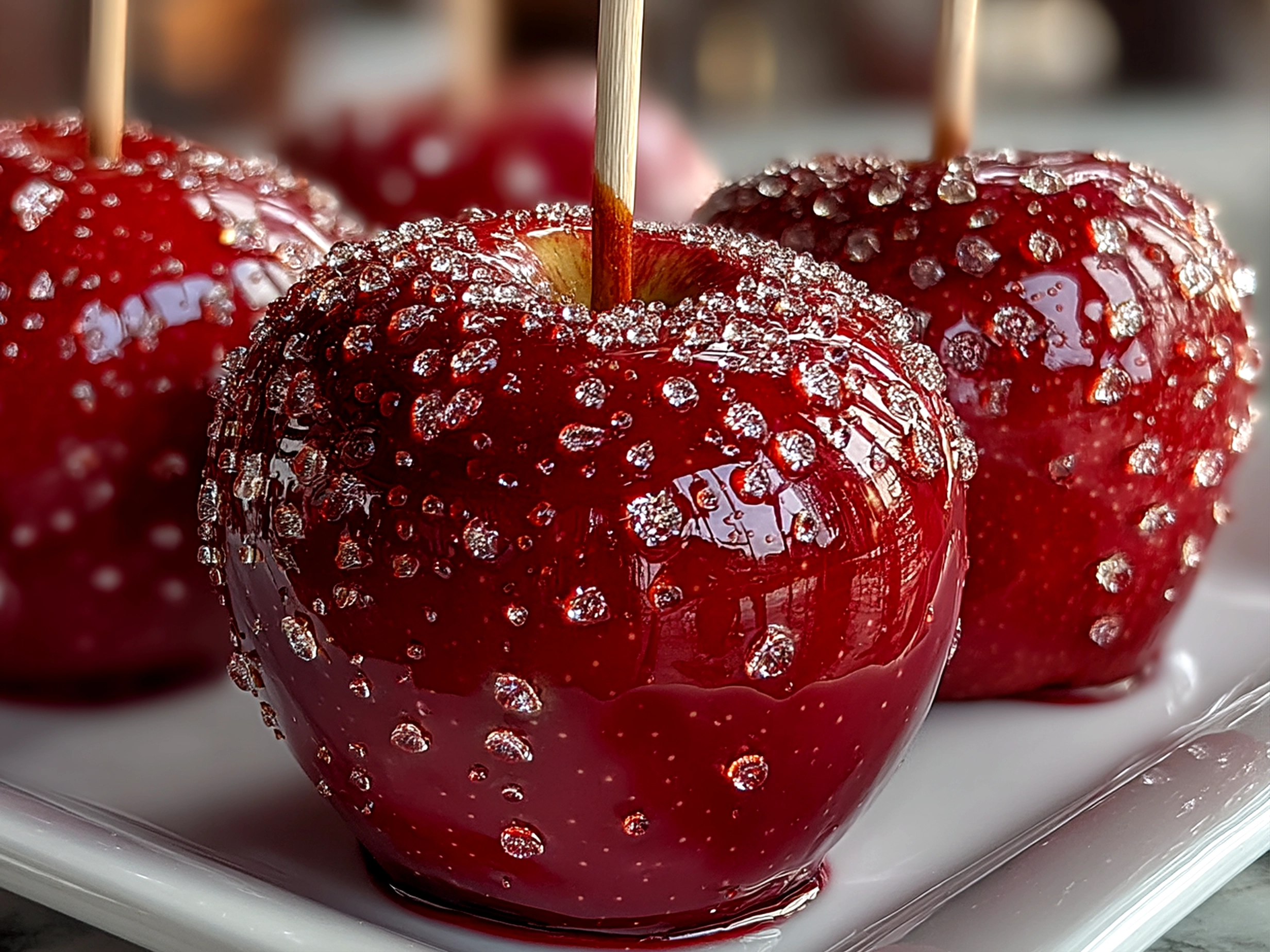 Close-up of finished glossy homemade candy apples on sticks ready to serve