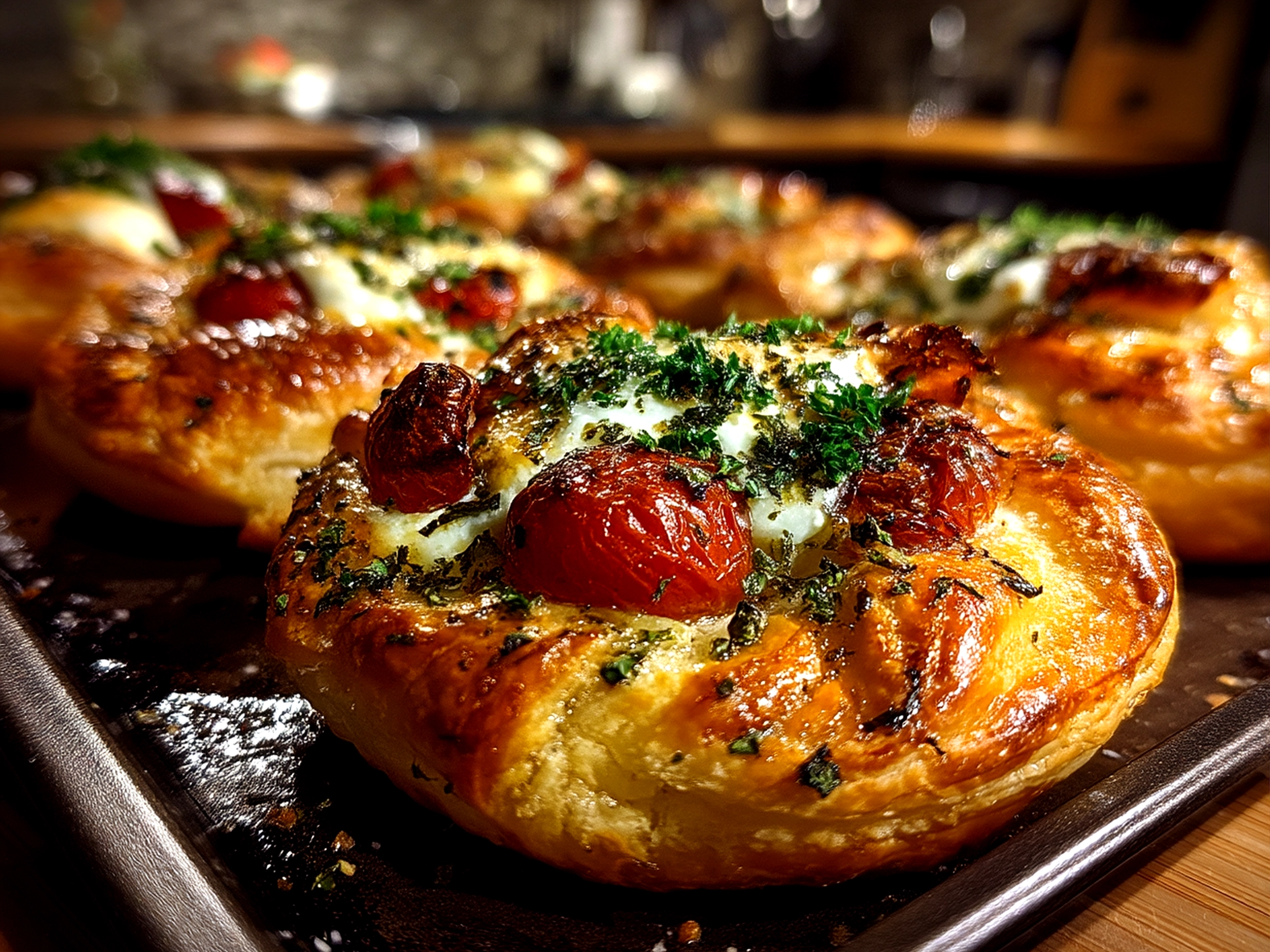Close-up of finished Puff Pastry Caprese with fresh basil on top