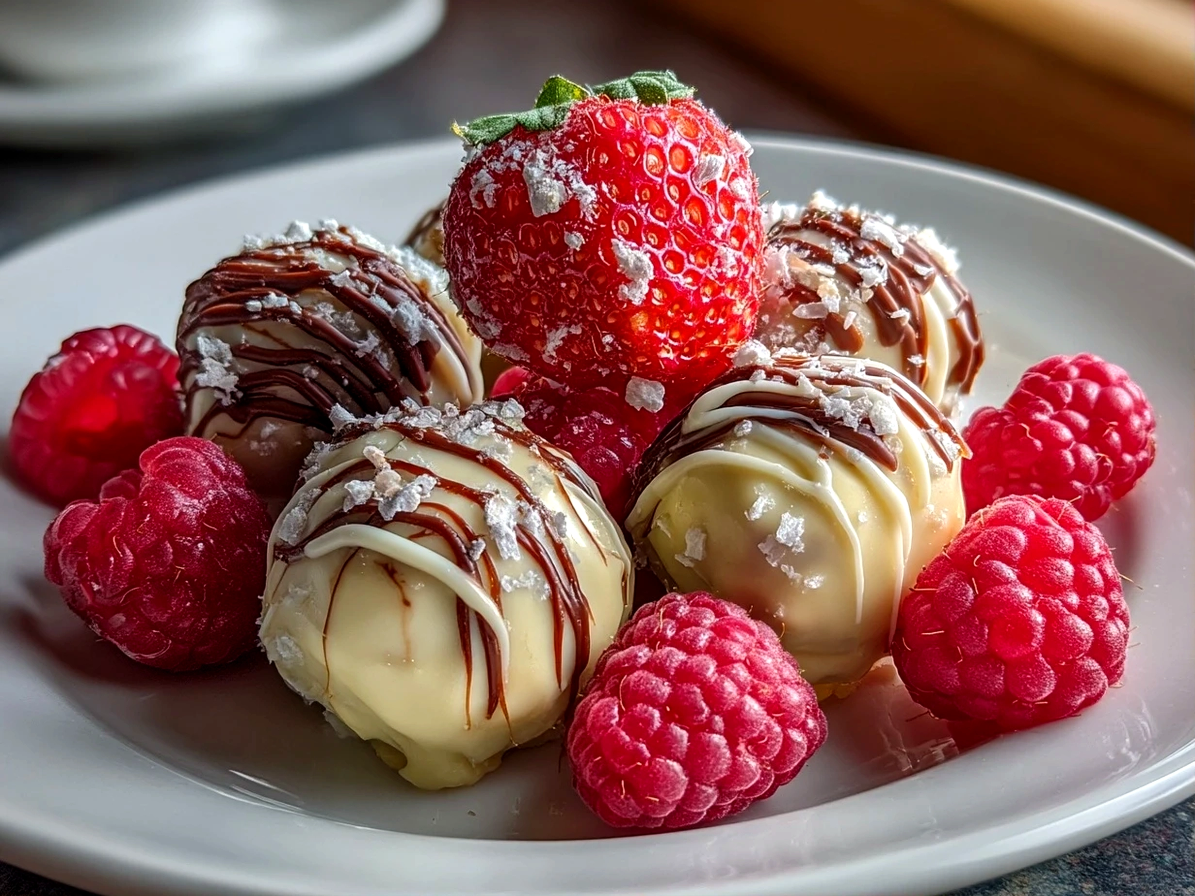 Close-up of finished Raspberry Cheesecake Truffles on a plate ready to serve