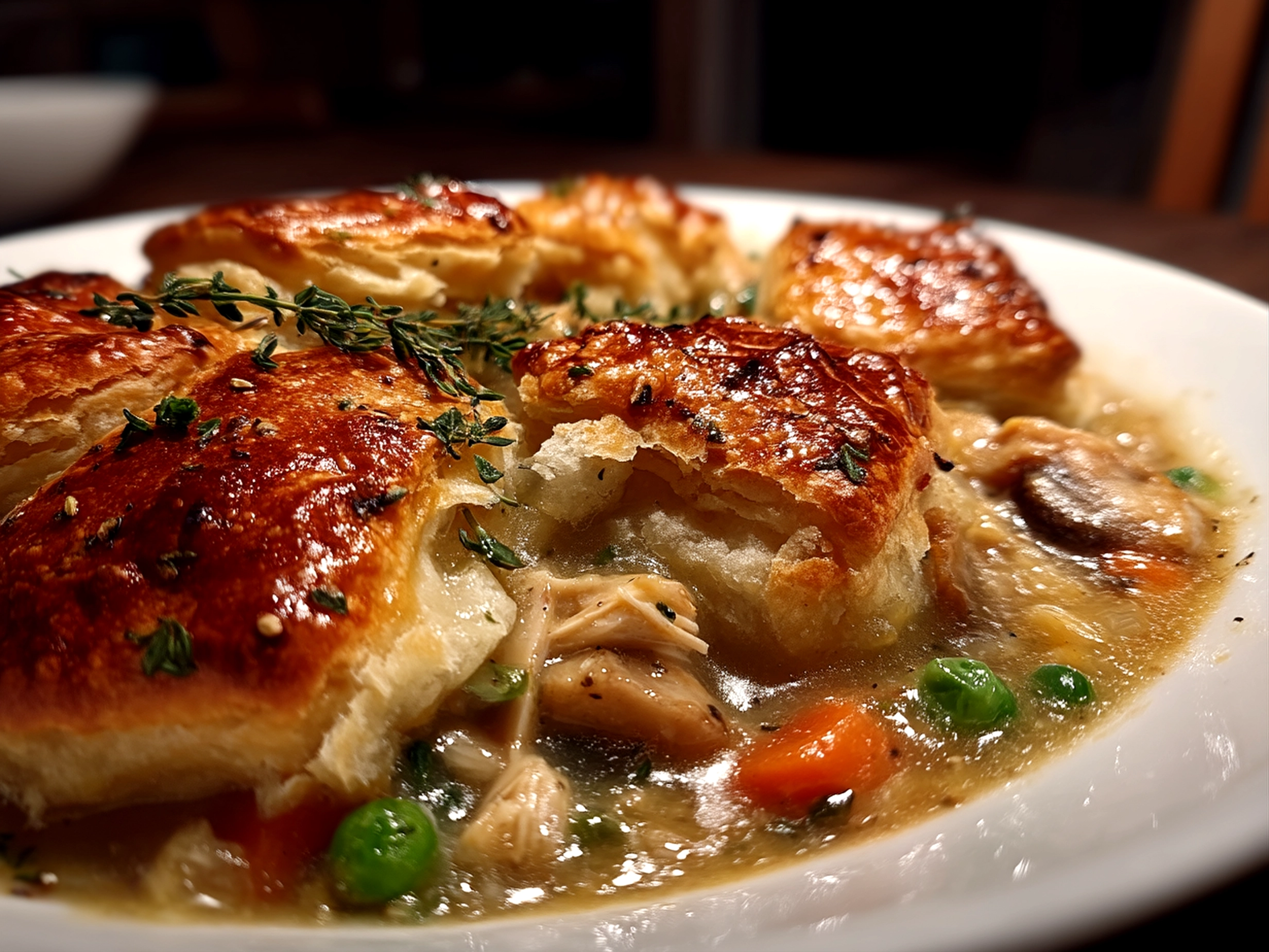 Close-up of finished slow cooker chicken pot pie with flaky crust and creamy filling
