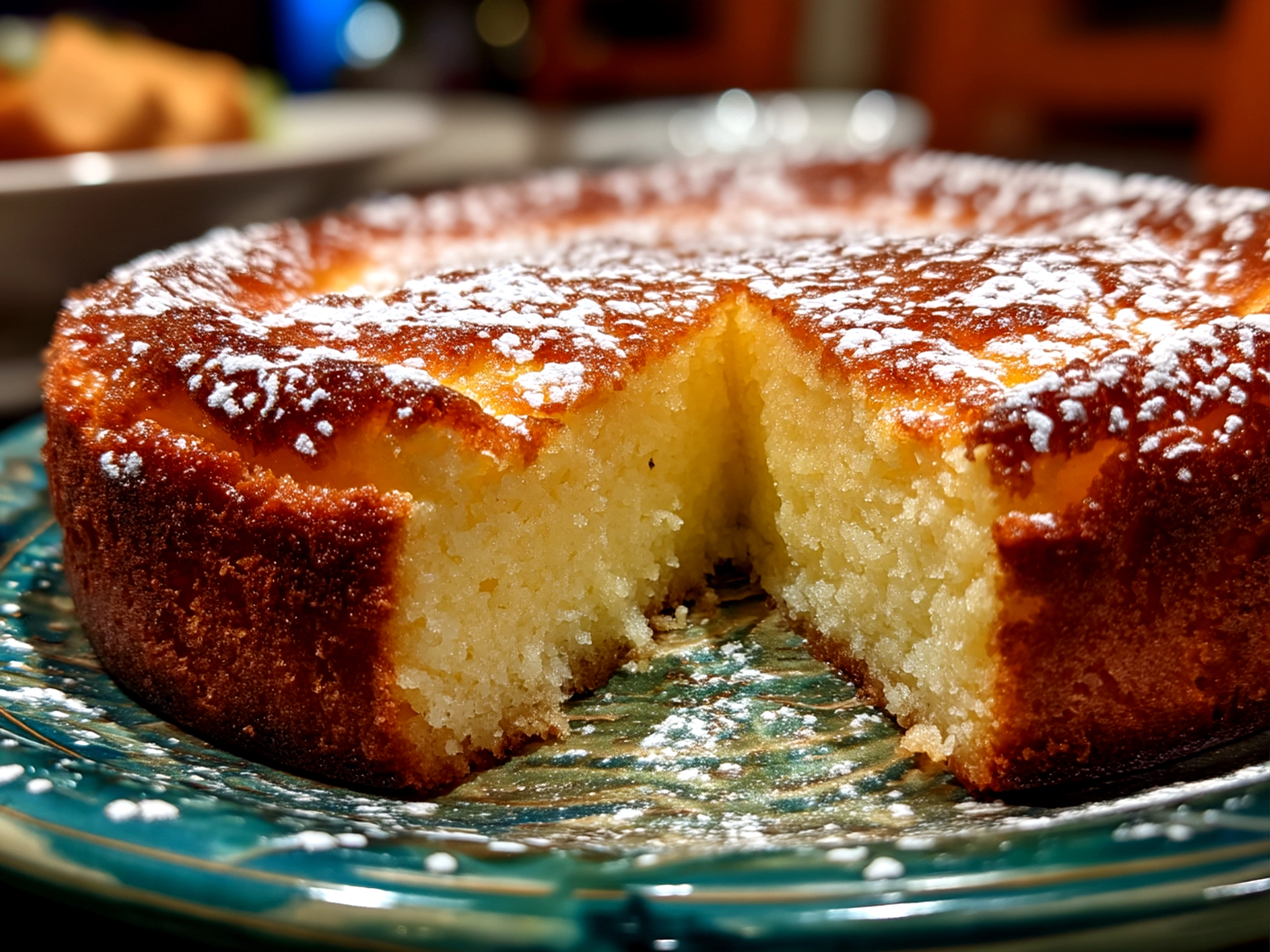 Serving suggestion of Flourless Yogurt Cake with fresh berries and a light dusting of powdered sugar