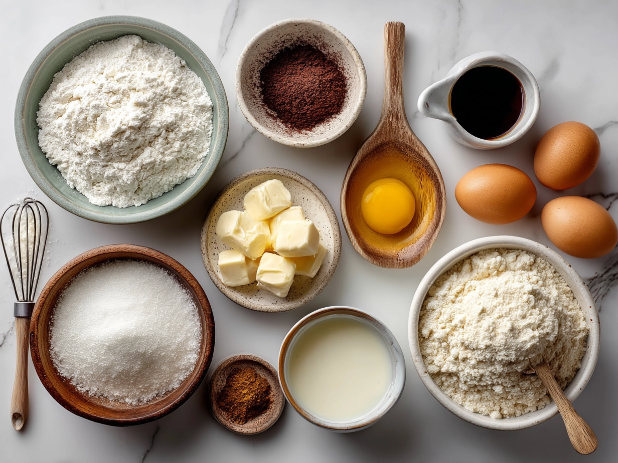 Ingredients for Flourless Yogurt Cake including Greek yogurt, eggs, sugar, baking soda, vanilla extract, almond flour, and lemon zest
