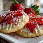 Freshly baked strawberry sugar cookies on white plate