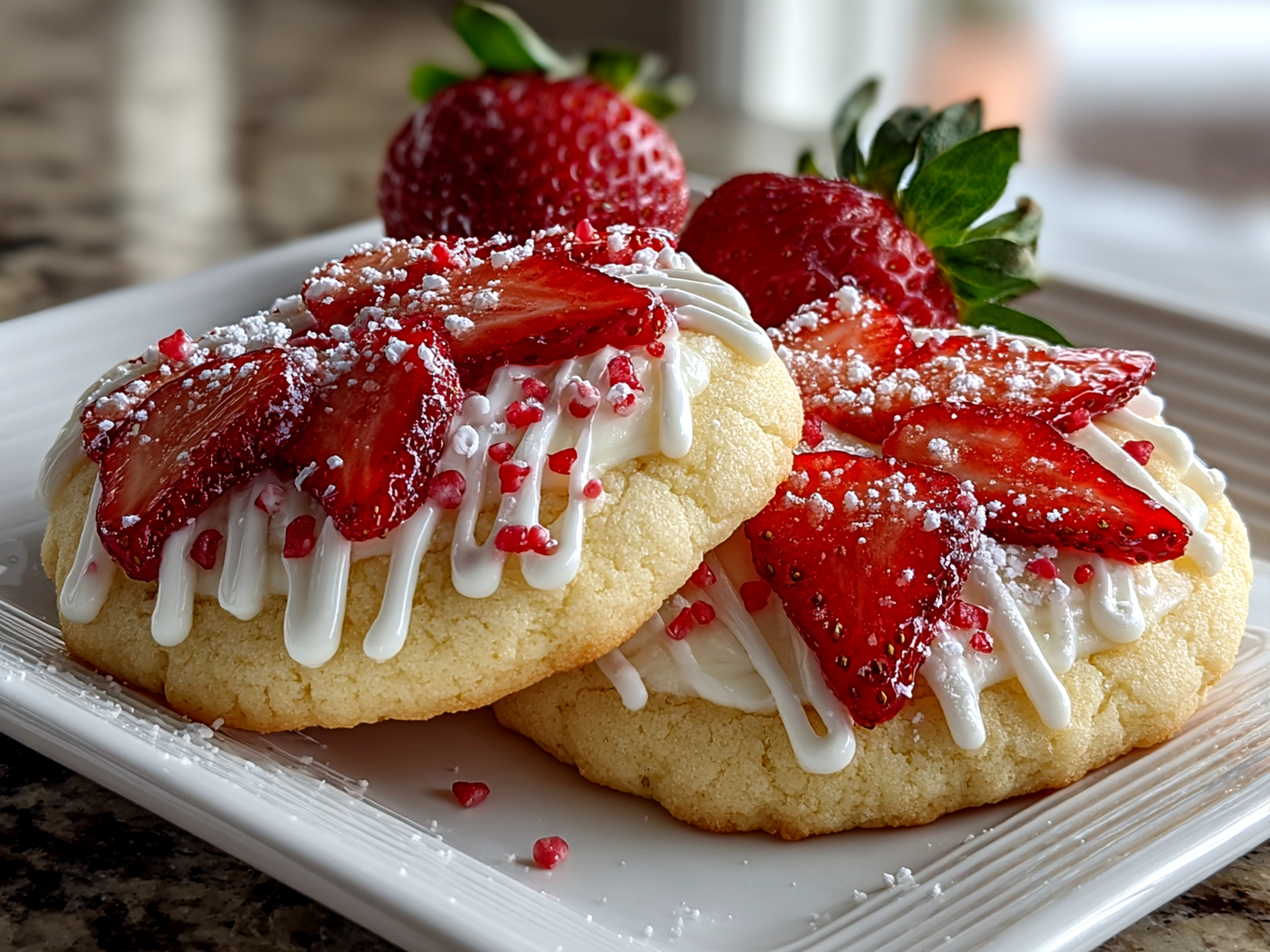 Freshly baked strawberry sugar cookies on white plate