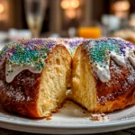 Freshly baked Traditional King Cake on white plate