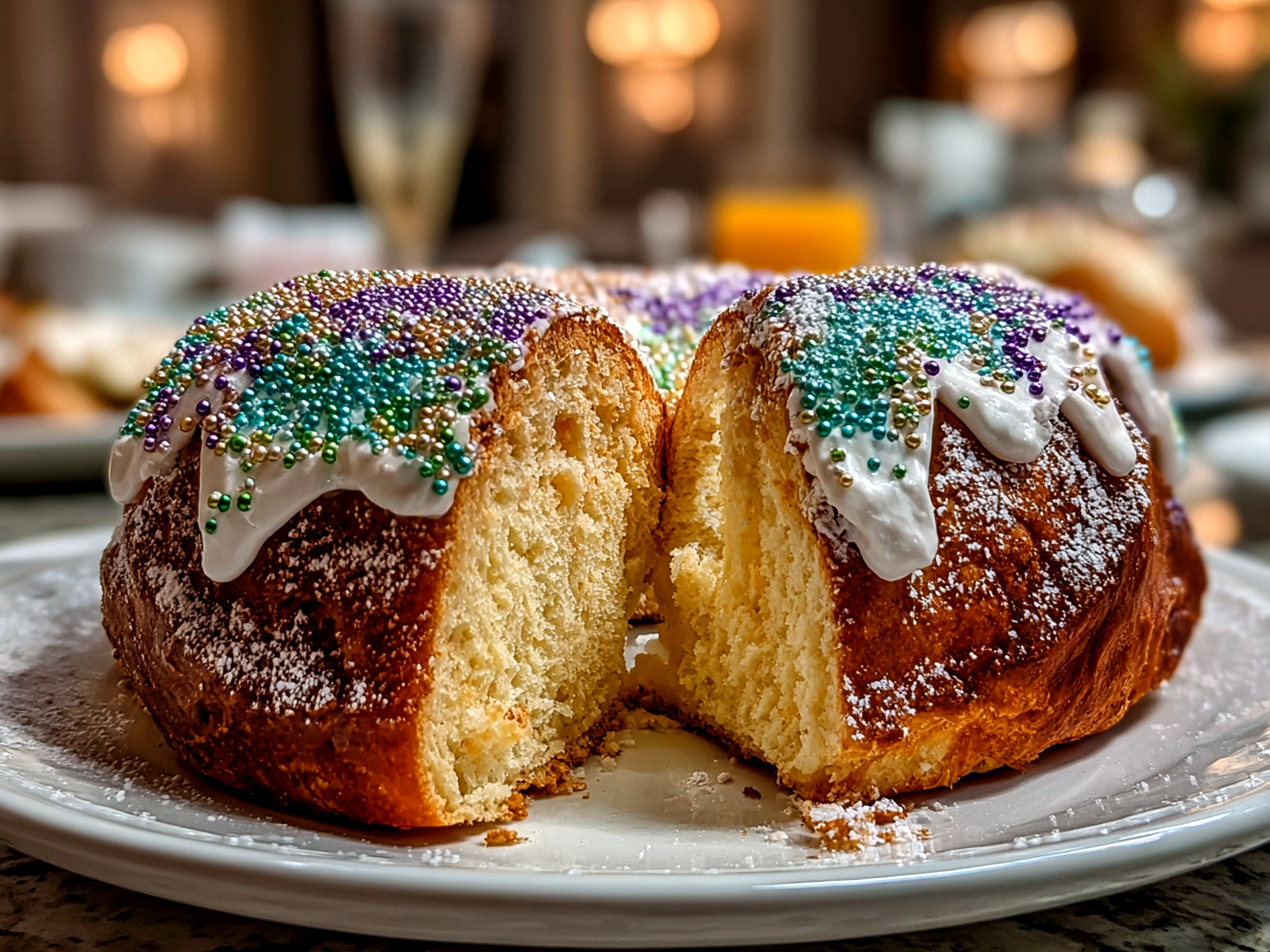 Freshly baked Traditional King Cake on white plate