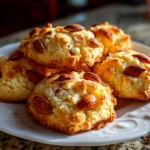 Freshly baked Triple Almond Cookies on white marble surface