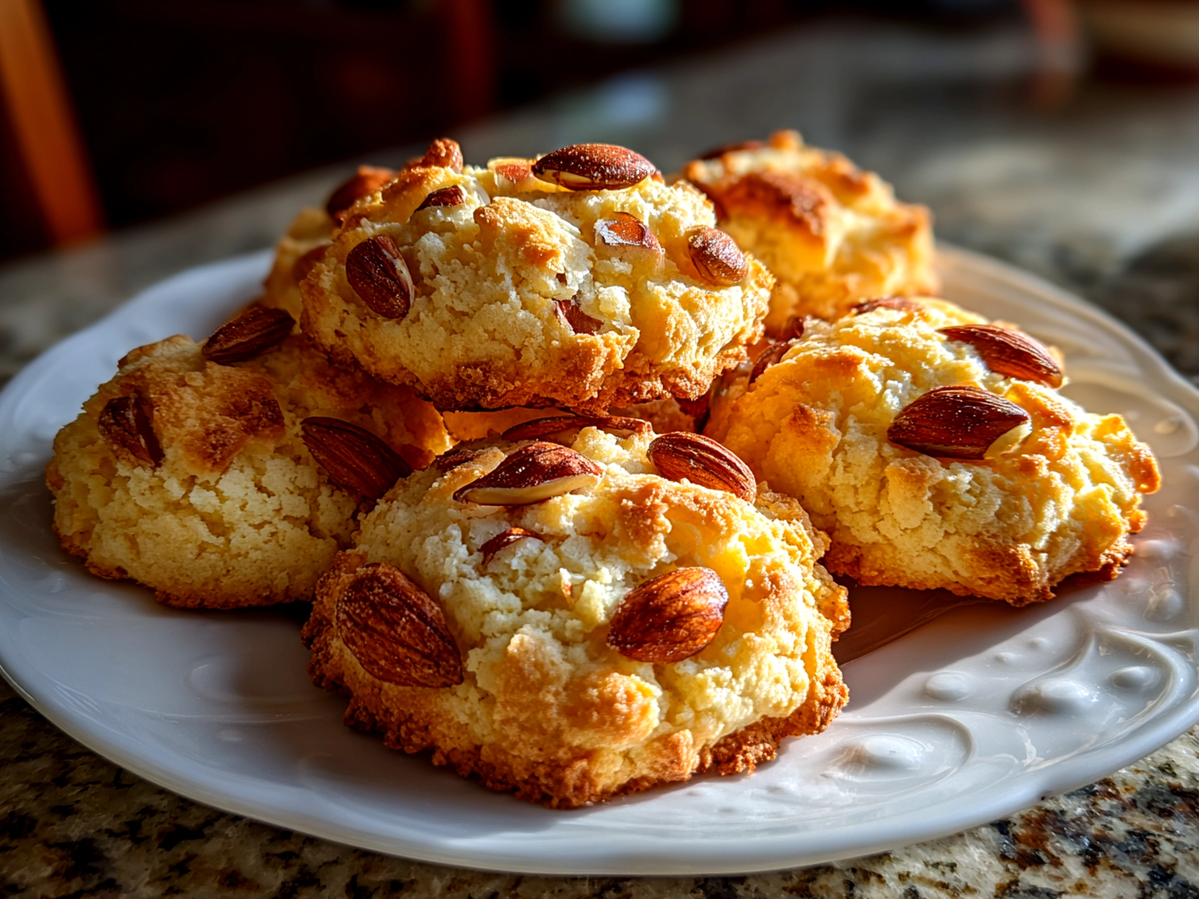 Freshly baked Triple Almond Cookies on white marble surface