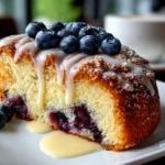 Freshly prepared Blueberry Sour Cream Coffee Cake on white plate