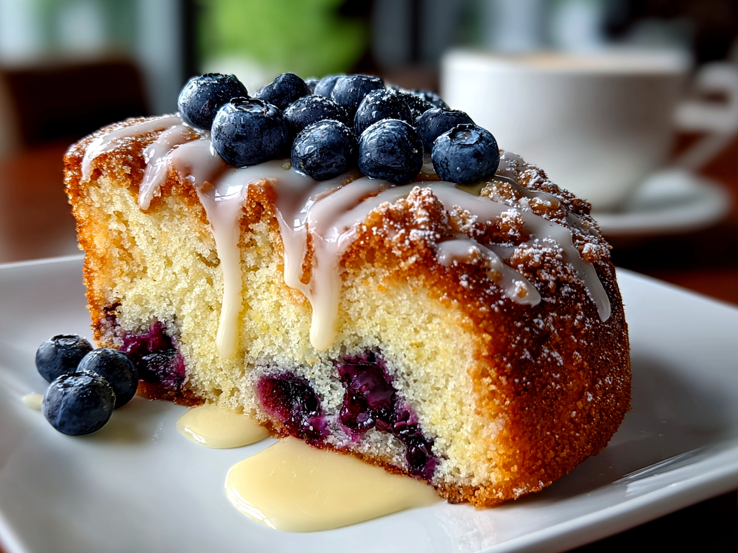 Freshly prepared Blueberry Sour Cream Coffee Cake on white plate