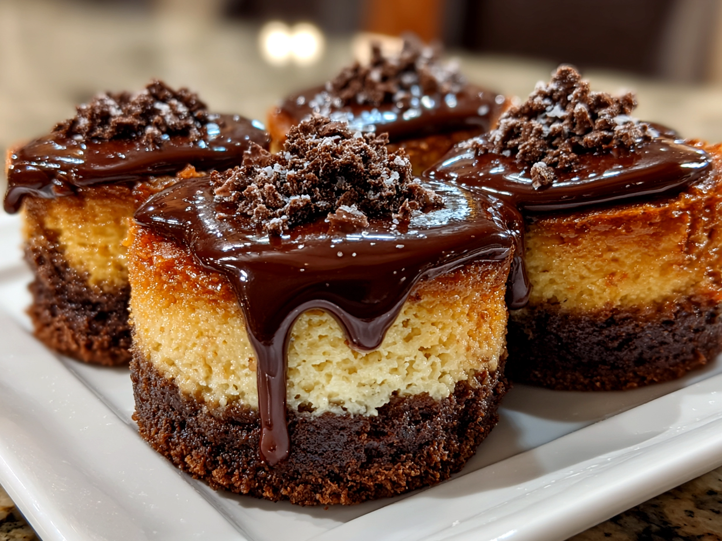 Freshly prepared Chocolate Gnome Cheesecakes on white marble plate