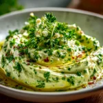 Freshly Prepared Creamy Pesto Aioli on White Plate