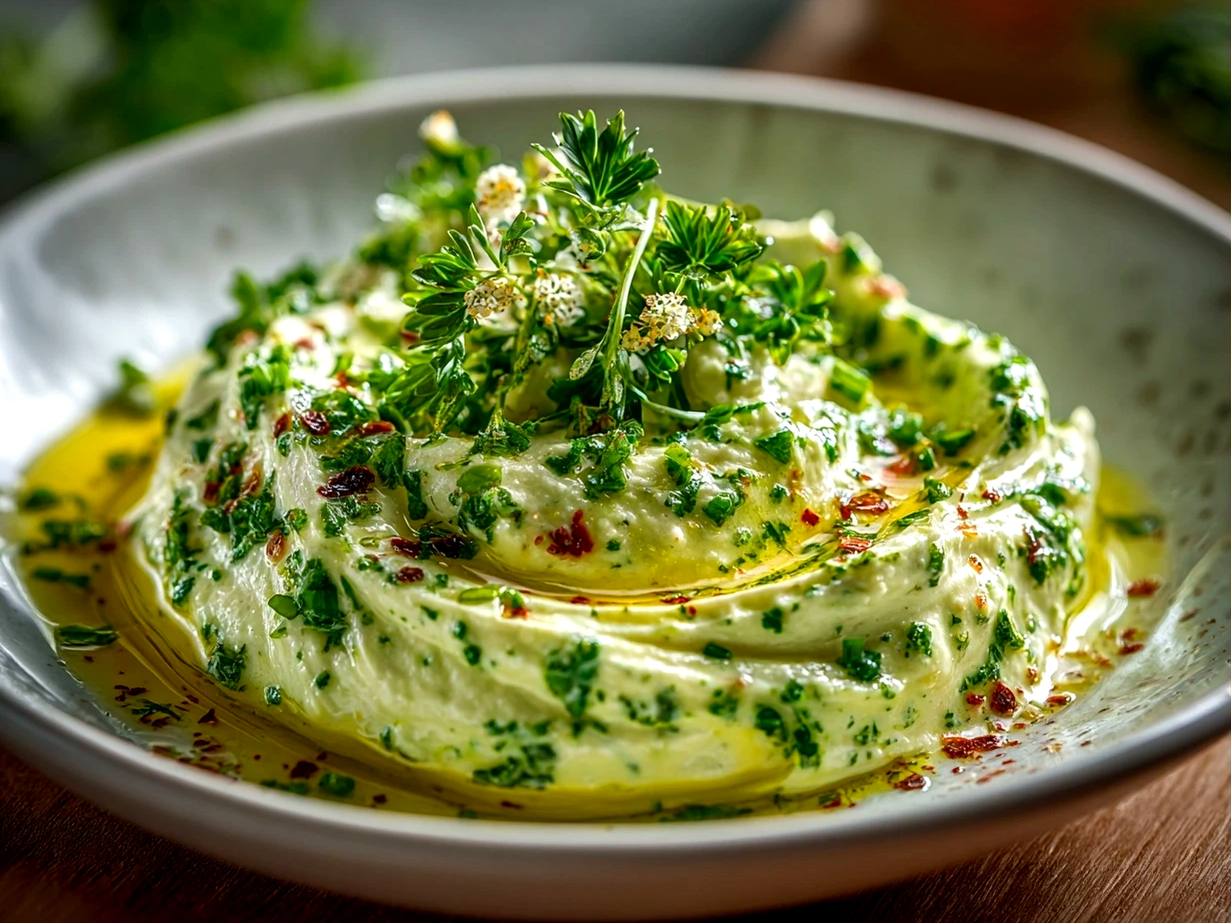 Freshly Prepared Creamy Pesto Aioli on White Plate