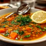 Freshly prepared Lemon Lentil Soup, inviting and vibrant