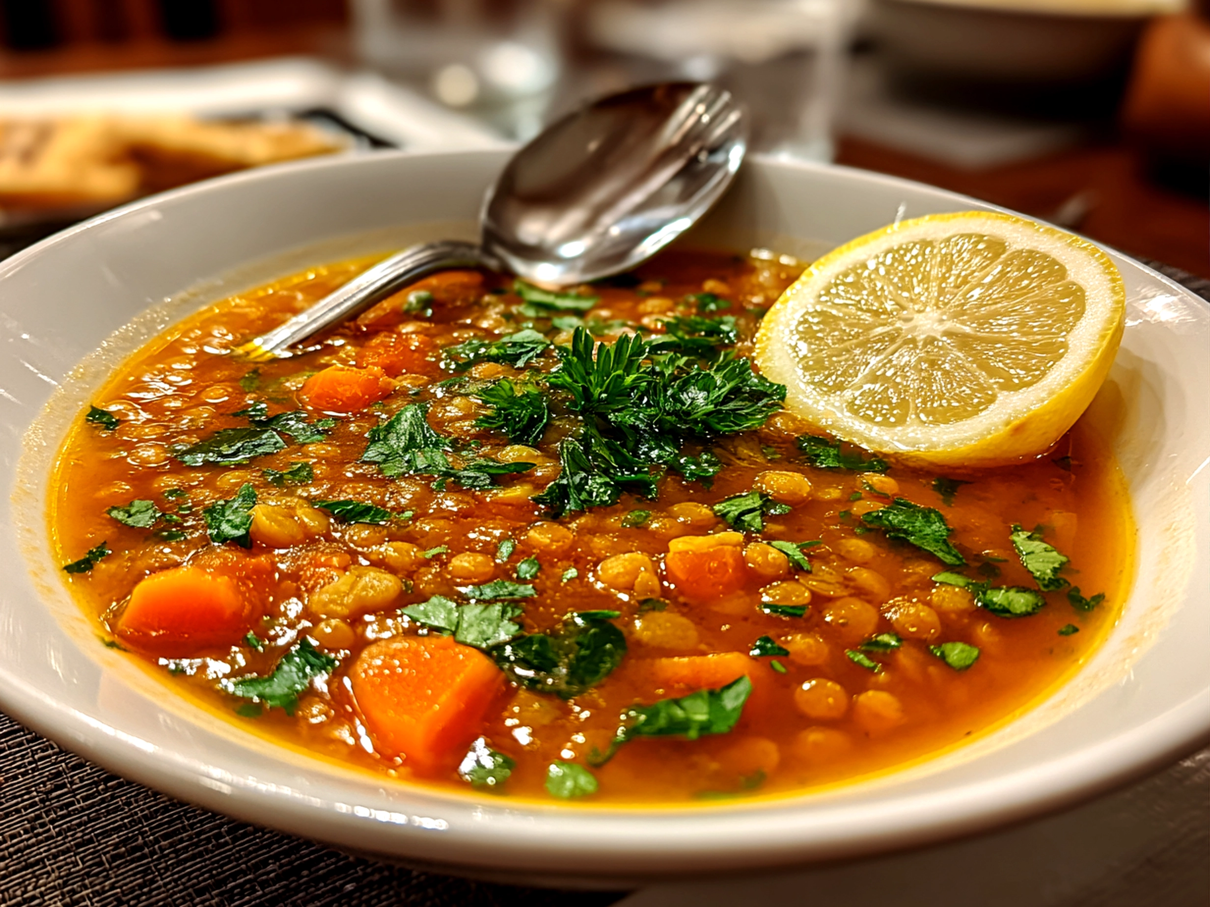 Freshly prepared Lemon Lentil Soup, inviting and vibrant