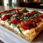 Freshly prepared Puff Pastry Caprese tart close-up