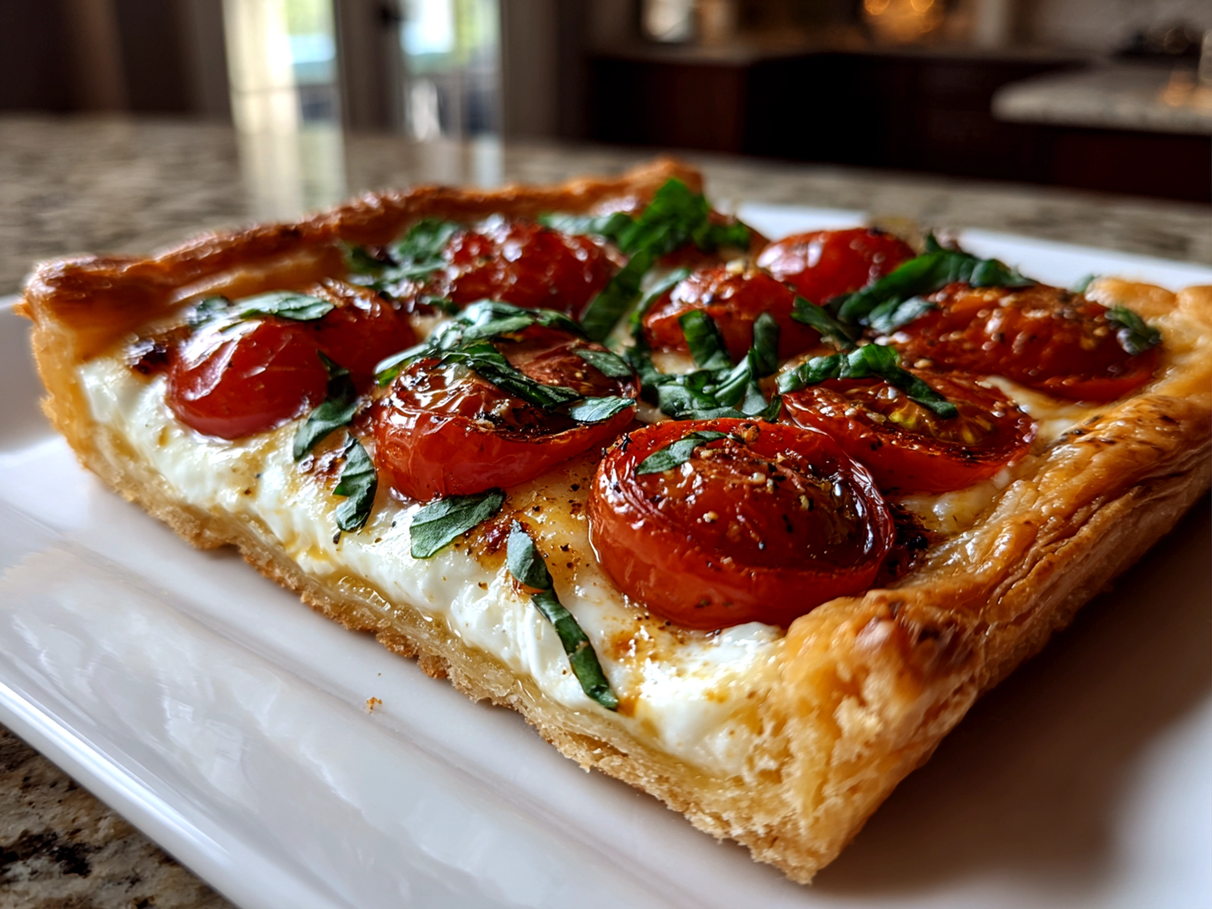 Freshly prepared Puff Pastry Caprese tart close-up