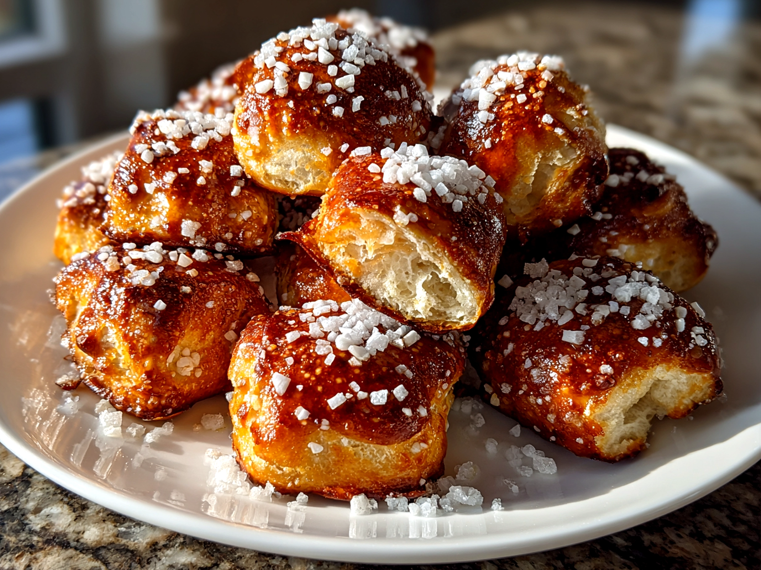 Freshly prepared sourdough discard pretzel bites on wooden board
