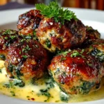 Freshly prepared spinach garlic meatballs on a white plate