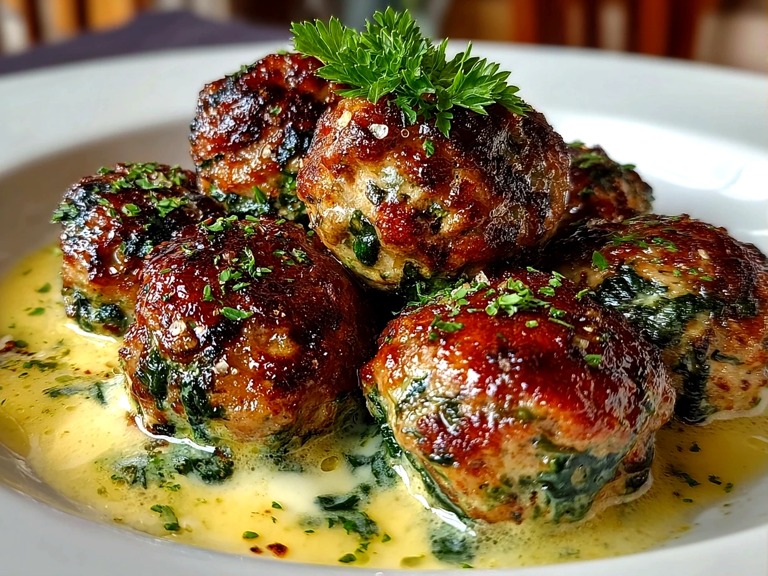Freshly prepared spinach garlic meatballs on a white plate