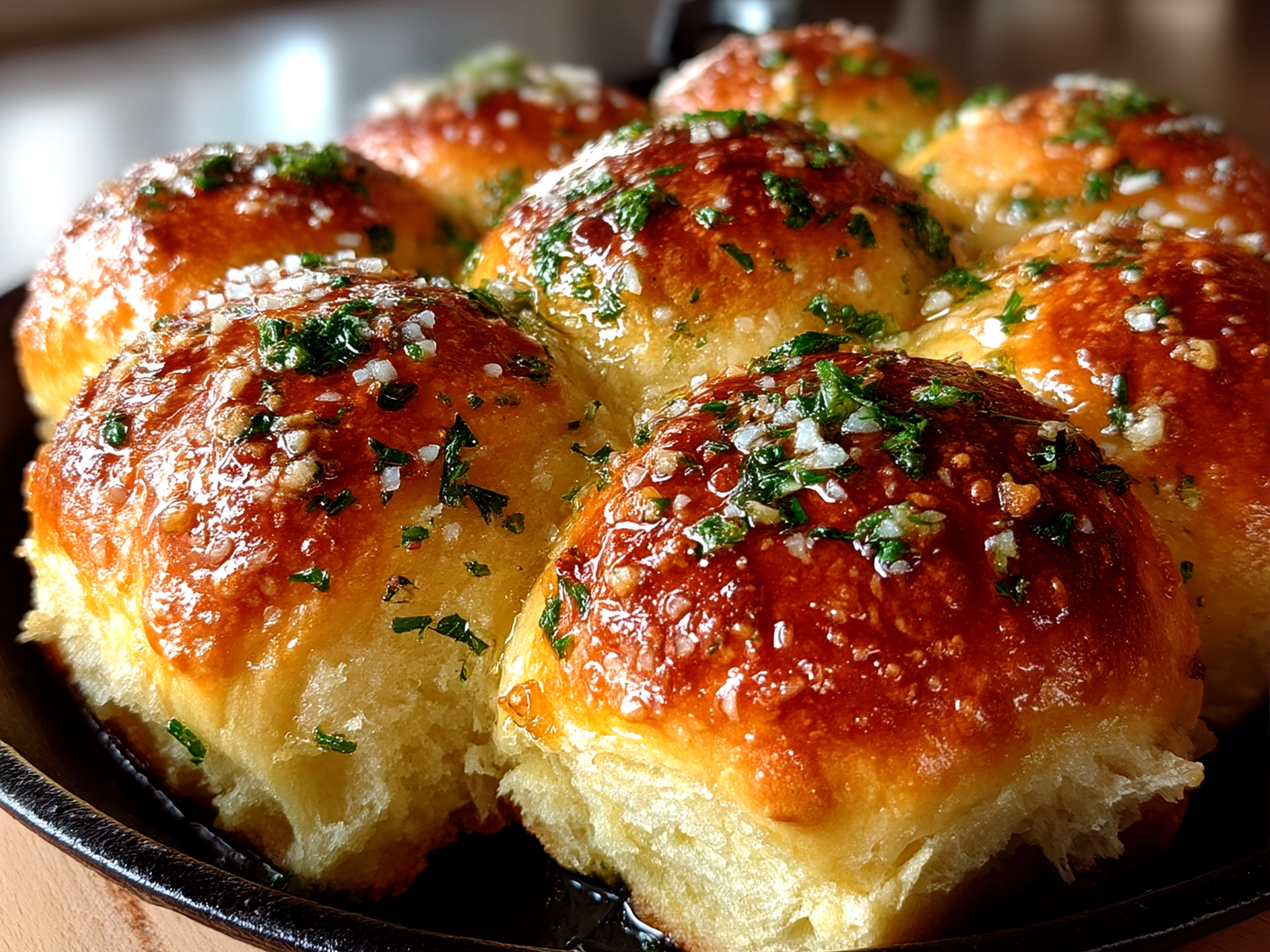 Plate of freshly baked golden Garlic Butter Dinner Rolls garnished with fresh parsley